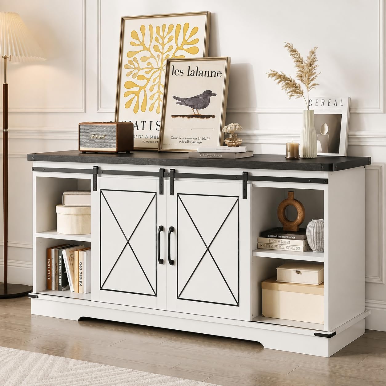 IDEALHOUSE Farmhouse TV Stand with Sliding Barn Doors for TVs up to 65"