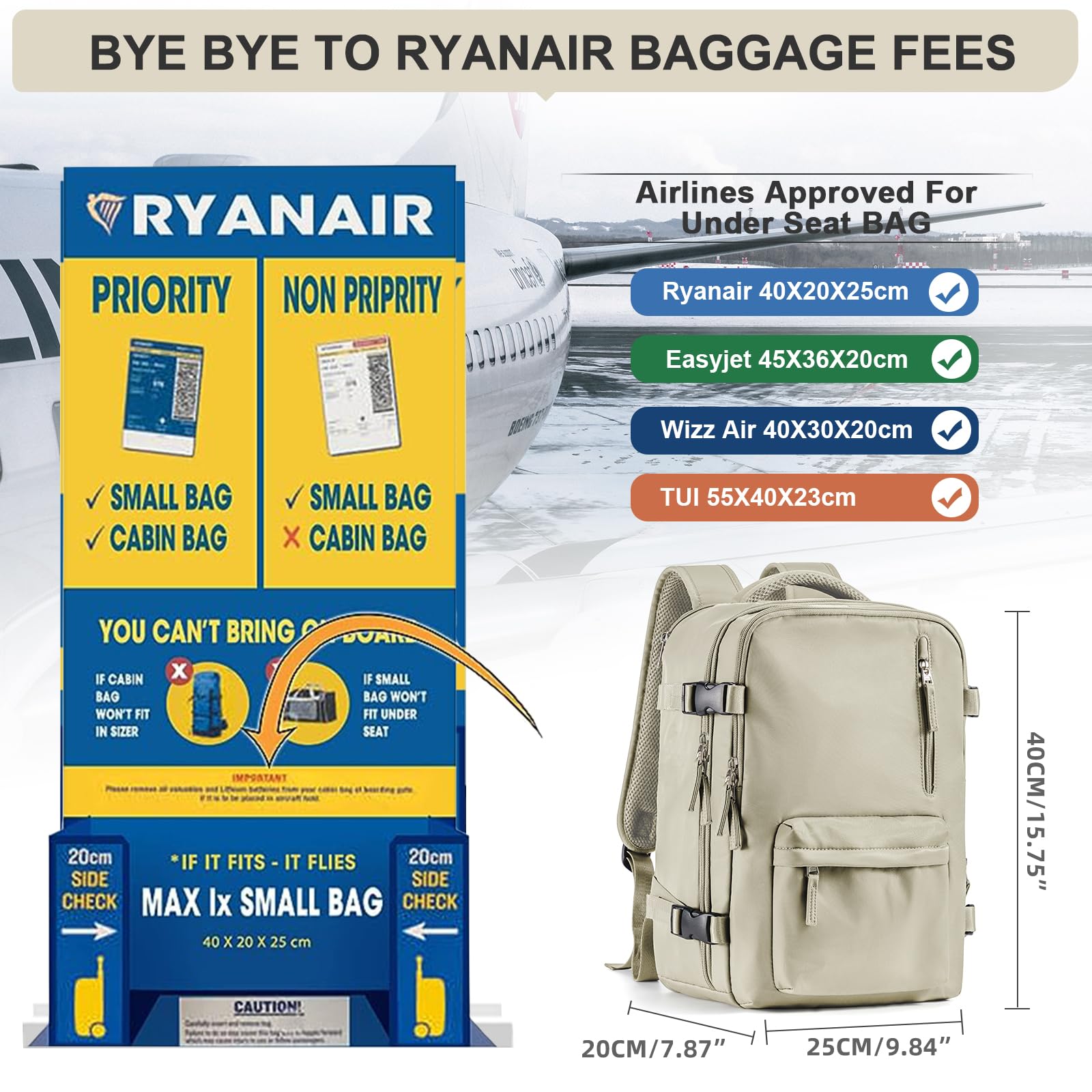 Zaino da Viaggio per Ryanair 40x20x25 Bagaglio a Mano Zaino Borse da Cabina per Ryanair Il Sedile Zaino Aereo Bagaglio a Mano Donna Borsa Cabina Viaggio Zaino Viaggio Casual Daypack,Grigio-Marrone