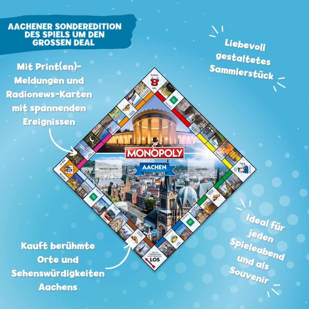 Winning Moves Monopoly Aachen Edition - Monopoly Städte-Edition - Familienspiele Strategie Brettspiele Aachen - 2+ Spieler ab 8+ Jahren - Deutsch