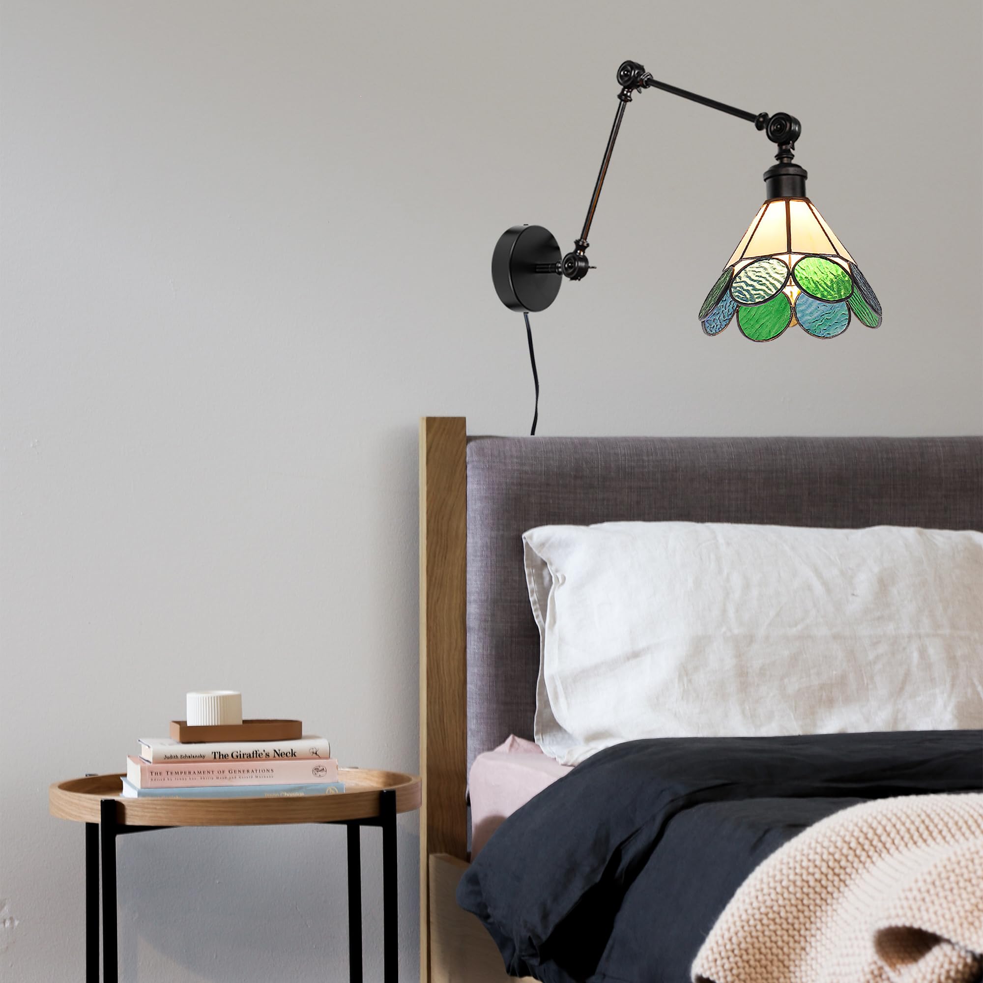 Schwenkarm Wandleuchte Innen Mit Fernbedienung, Vintage Glas Dimmbar Wandlampe mit E27 Lampenfassung, Wandleuchte ohne Bohrung für Wohnzimmer Treppenhaus Flur Schlafzimmer DZ0574