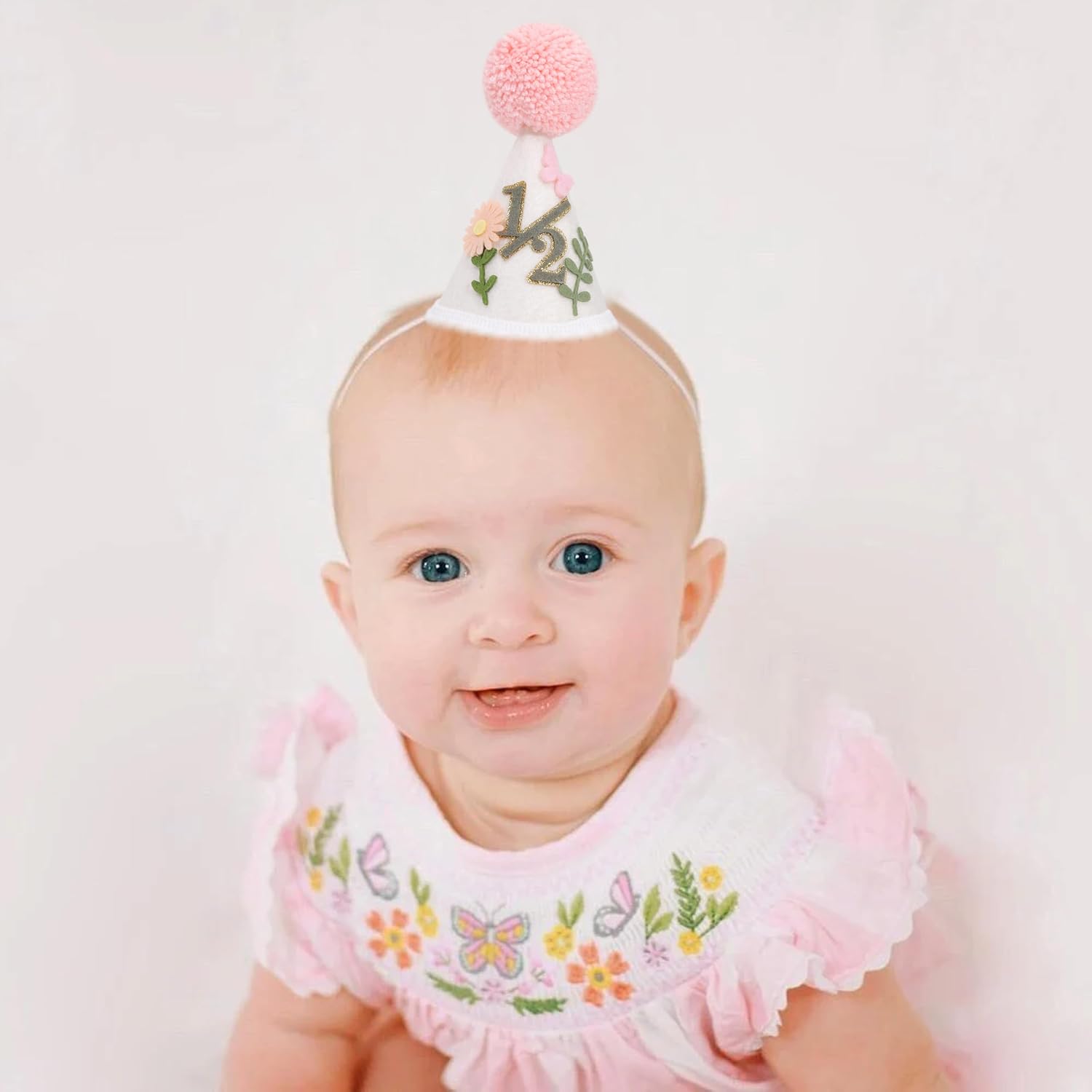 WAOUH Floral Leaf 1/2 Birthday Hat - Spring 6 Months Birthday Decorations,Little Butterfly Smash Cake Cone Hat