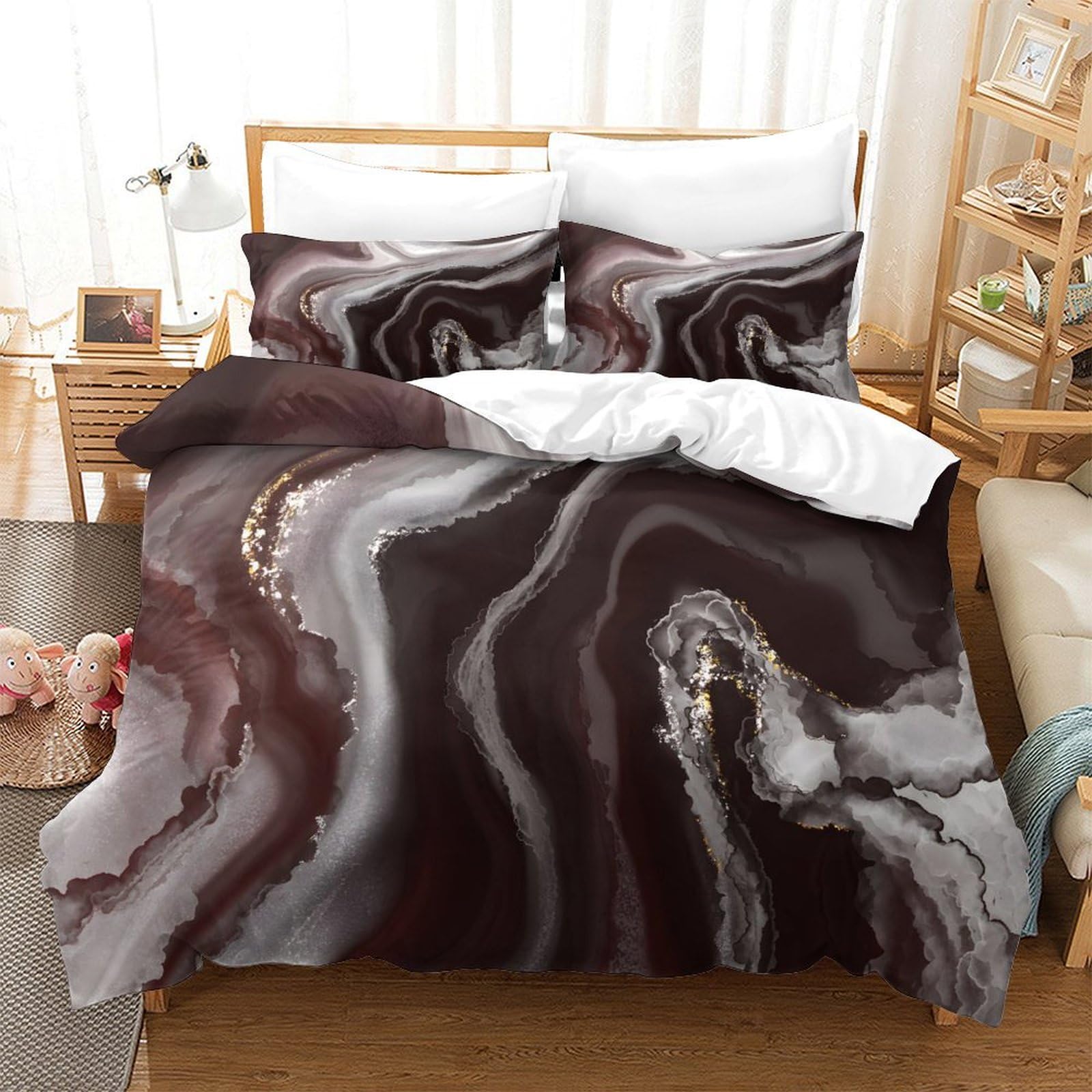 LIAOHENKAN Luxury Marble Texture Full Size Duvet Cover Set for Kids Boys Girls 3Pcs Ultra Soft Bedding with Zipper Closure Quilt Set Room Decor,Decor Bedclothes, Easy Care Single（140x200cm）