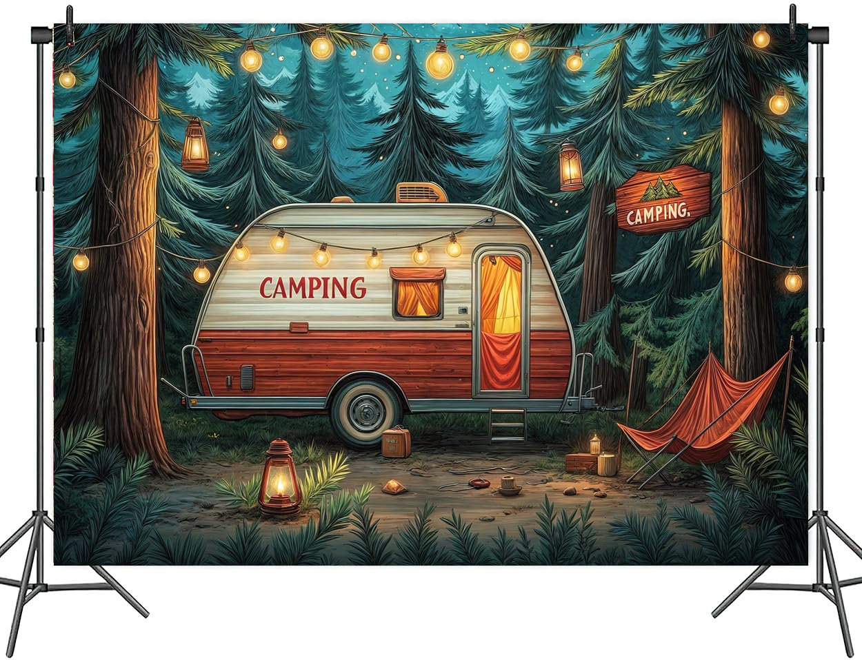 7 x 5 ft Camping Backdrop Forest Night Campfire Tent Car BBQ Party Child Birthday Party Decoration Happy Camper Fishing Camping Outdoor Adventure