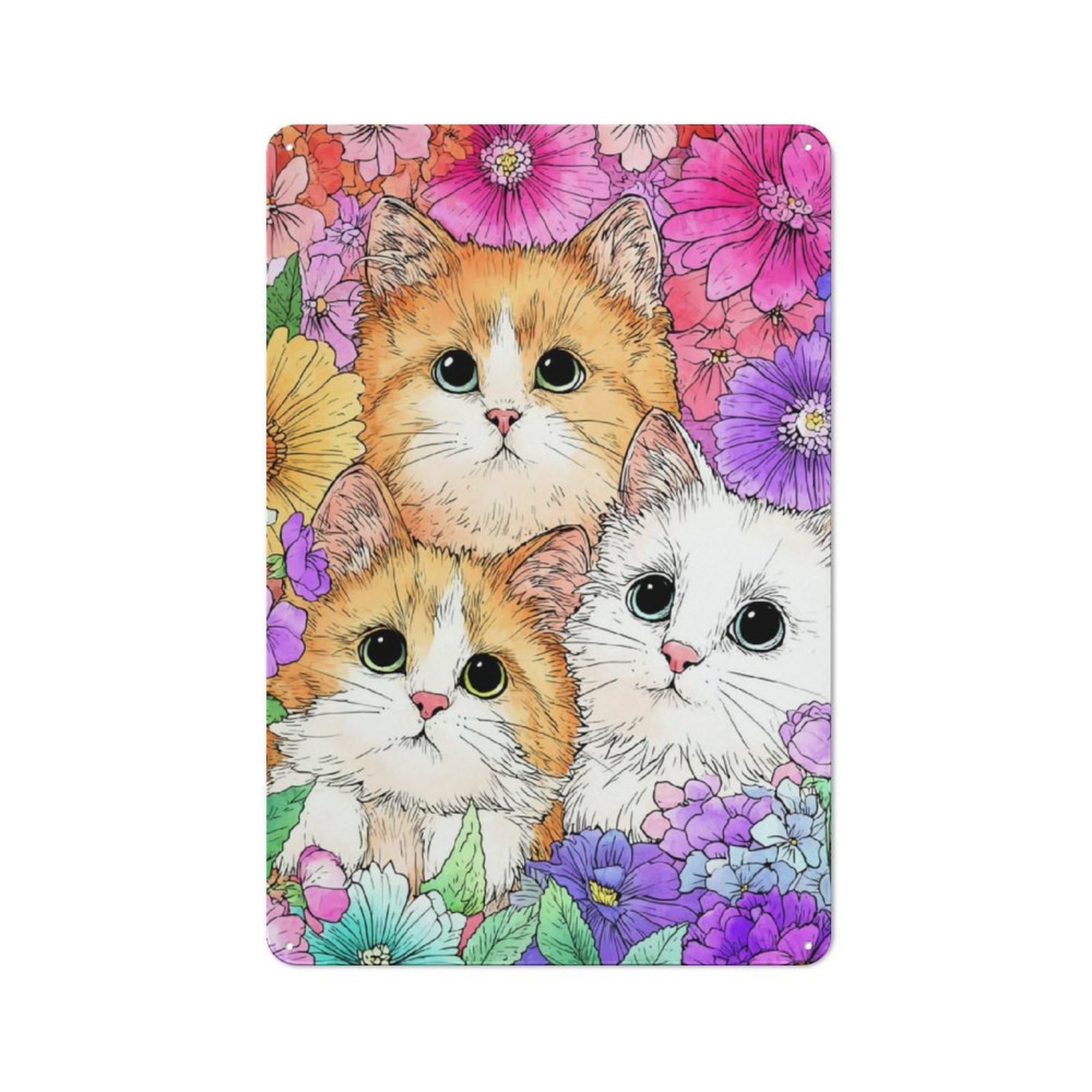Junmoney Kittens In Bloom -3 Metal Plaque 30X20cm With For Hallway Wall, Retro Decor, For Wall Display Collectors