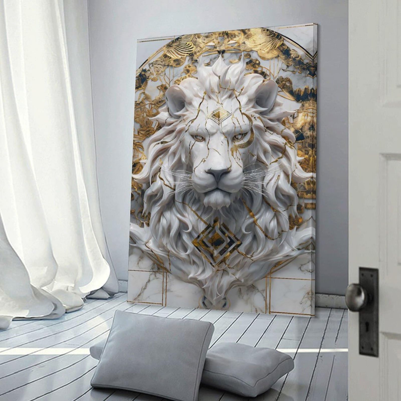 Junmoney Frame-Style Marble Lion With Golden Accents Canvas Wall Picture, 24X36inch(60X90cm), For Study, Office Or Focused Interiors, Home Office Artwork With Decorative Appeal