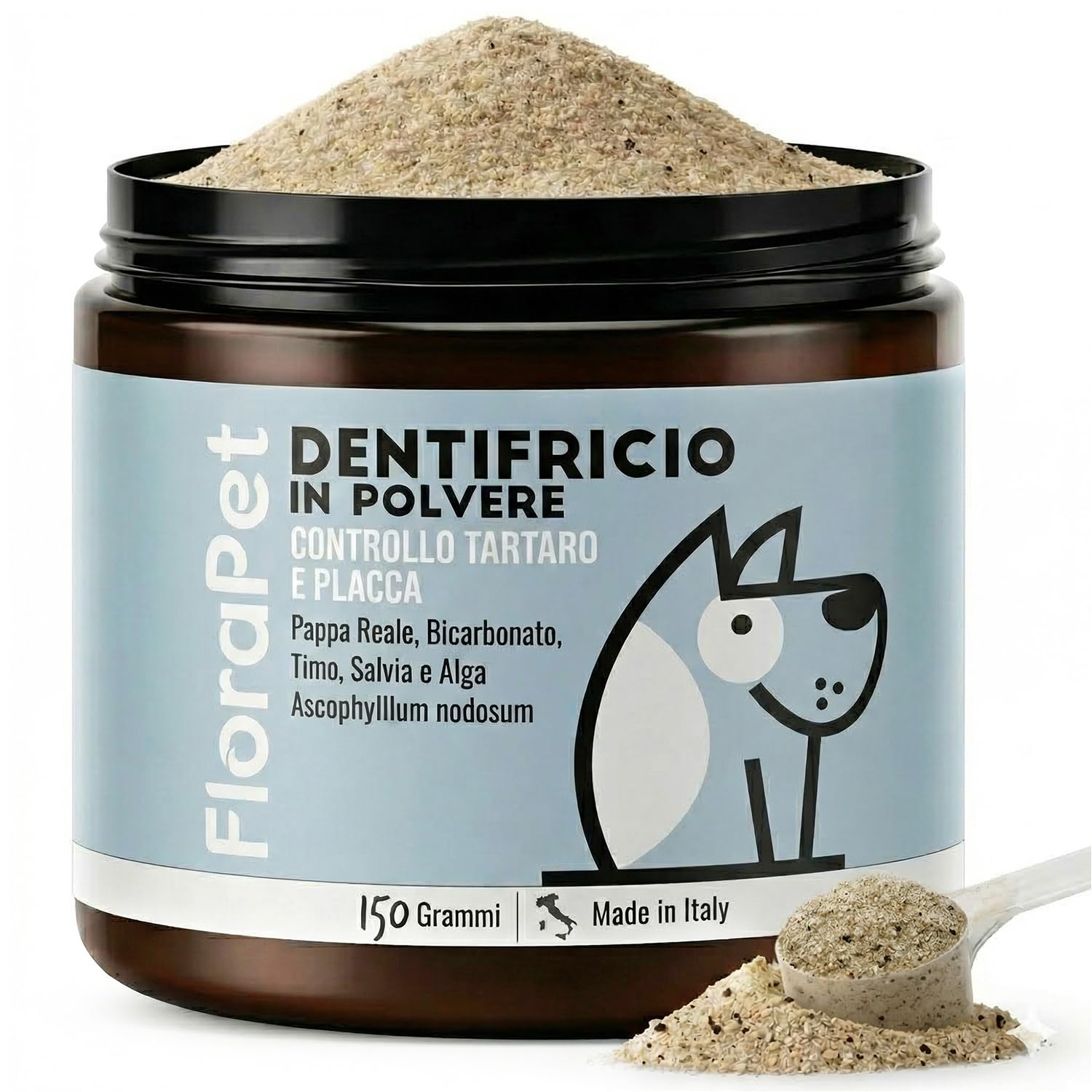 Pulizia Denti Cane in Polvere, Rimuovi Tartaro Denti, con Ascophyllum Nodosum e Pappa Reale, per Alito Cattivo e Igiene Orale, 150gr per Supporto alle Gengive e Alito Fresco