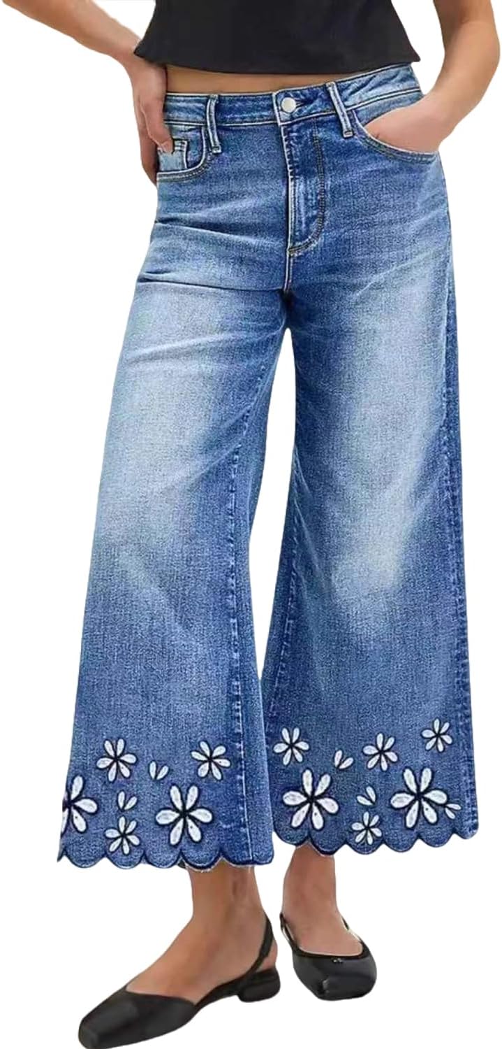 yoeasy Womens Wide Leg Jeans Mid Rise Floral Embroidery Hem Baggy Jeans Casual Cropped Denim Pants with Pockets