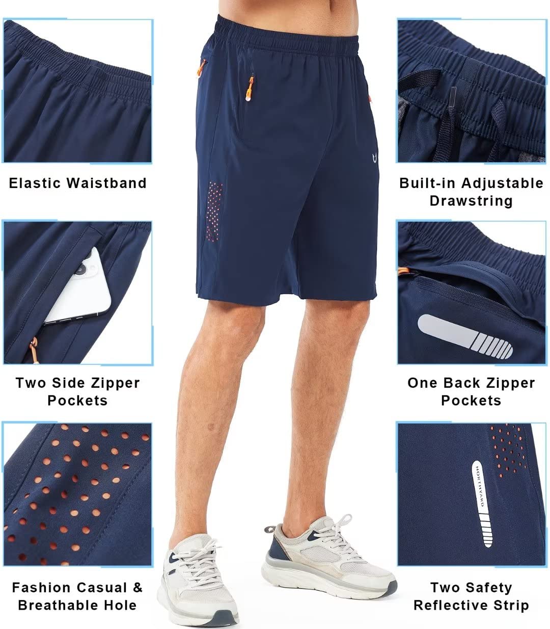 NORTHYARD Męskie sportowe spodenki do biegania szybkoschnące spodenki treningowe 17,8 cm/12,7 cm/23 cm lekkie sporty siłownia koszykówka tenis piesze wycieczki, granatowy, L