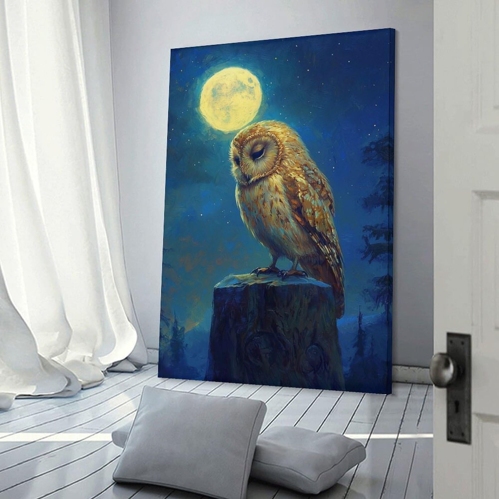 Junmoney Frame-Style-13 Owl Under Moonlight Canvas Wall Picture, 24X36inch(60X90cm), For Study, Office Or Focused Interiors, Home Office Artwork With Decorative Appeal