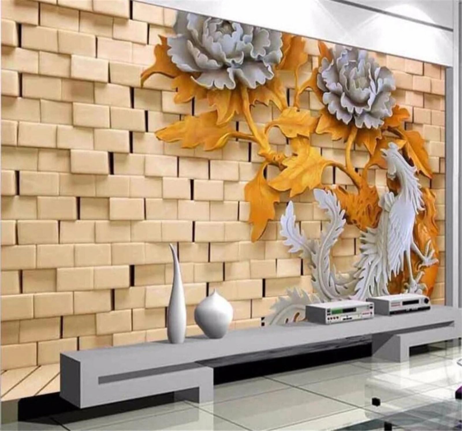 Xlming 430Cm×300Cm(B×H) Vintage Three Dimensional Brick Wall Wood Carving Peony 3D Wallpaper Luxury Home Dining Decor Paste Sofa Living Room The Wall For Bedroom Mural-430Cm×300Cm