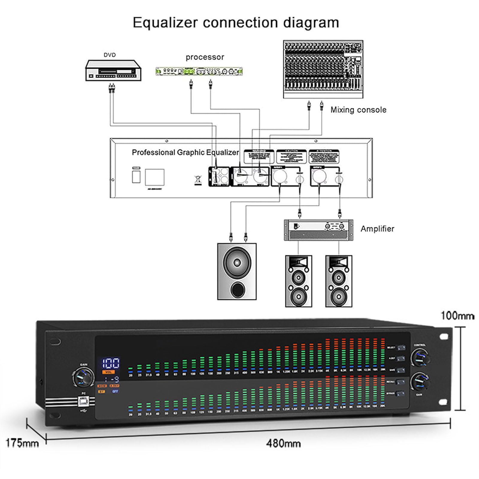 Ecualizador gráfico Digital de 31 Bandas, analizador de Espectro de Audio con 10 Efectos preestablecidos, Ajuste Independiente de Bajos/Medios/Agudos, para Estudio de grabación, Bar, Escenario