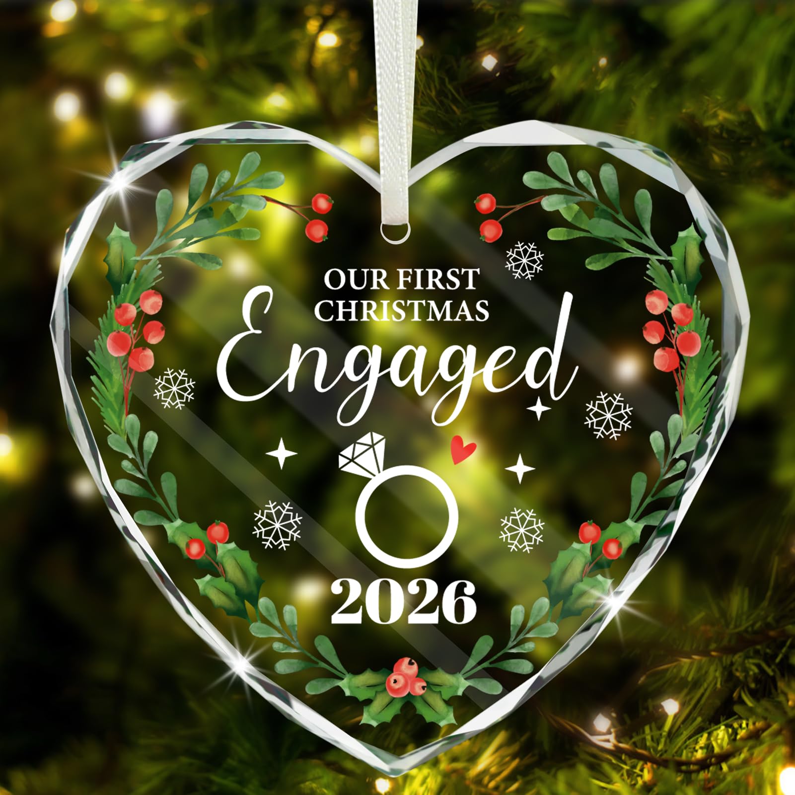 DPKOW 2026 Our First Christmas Engaged Bauble Ornament Gift First Christmas Engagement Bauble 1st Xmas Gift Fiancé Fiancée Engaged Tree Decoration Keepsake, Glass Ornament with Box