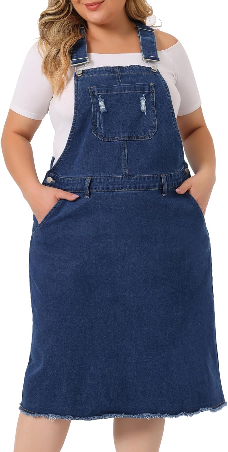 Agnes Orinda Women's Plus Size Overalls Dresses Jean Skirt Distressed Racerback Suspender Denim Overall Dress