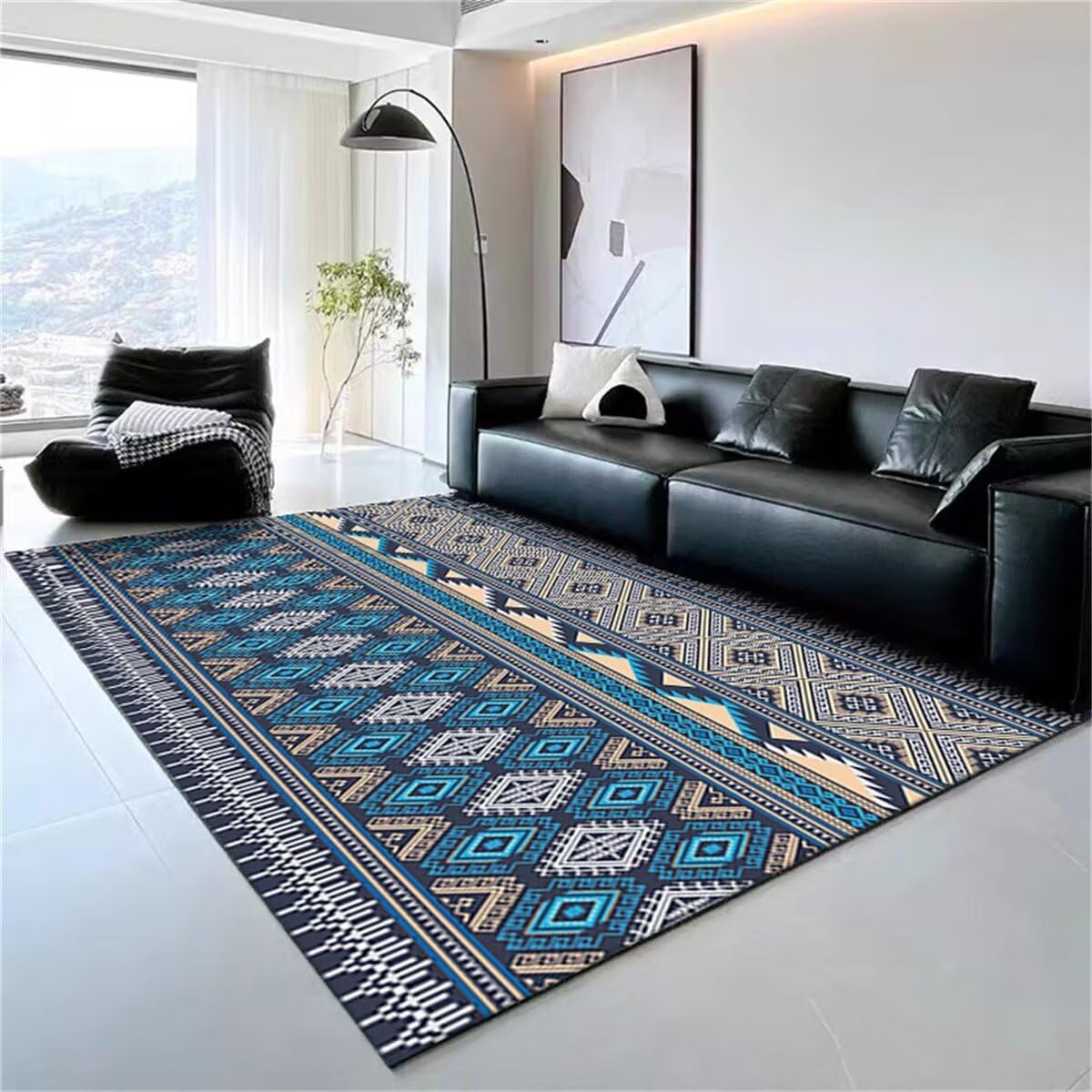 Tapis de terrasse bleu 80x200 cm au design géométrique pour l'extérieur