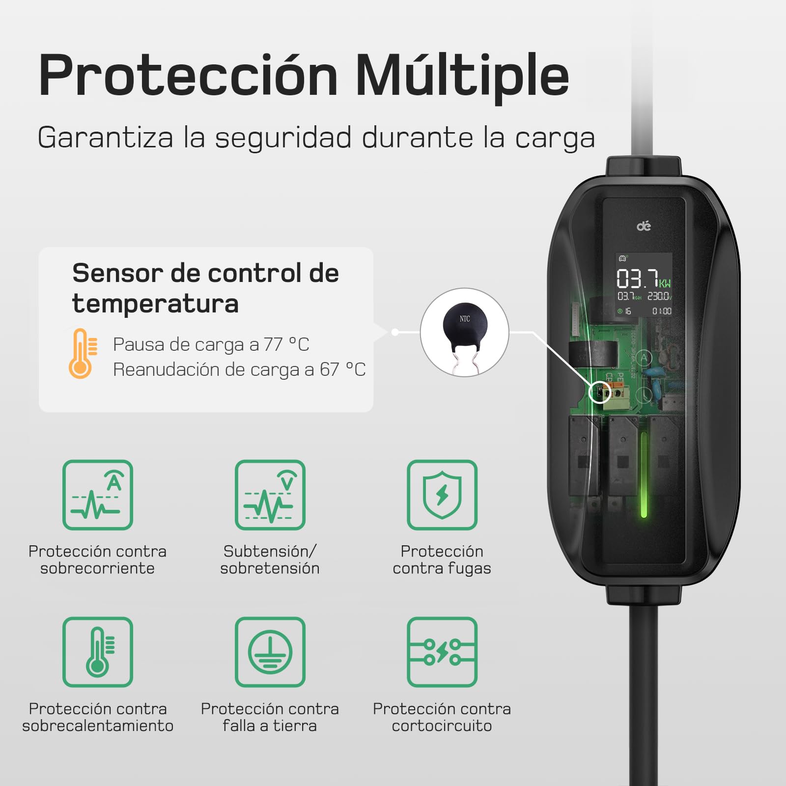 Cargador Coche Electrico 6m Tipo 2 Portatil 3,7kW 6-16A con Enfuse Schuko para Model Y/3 y BEV/PHEV