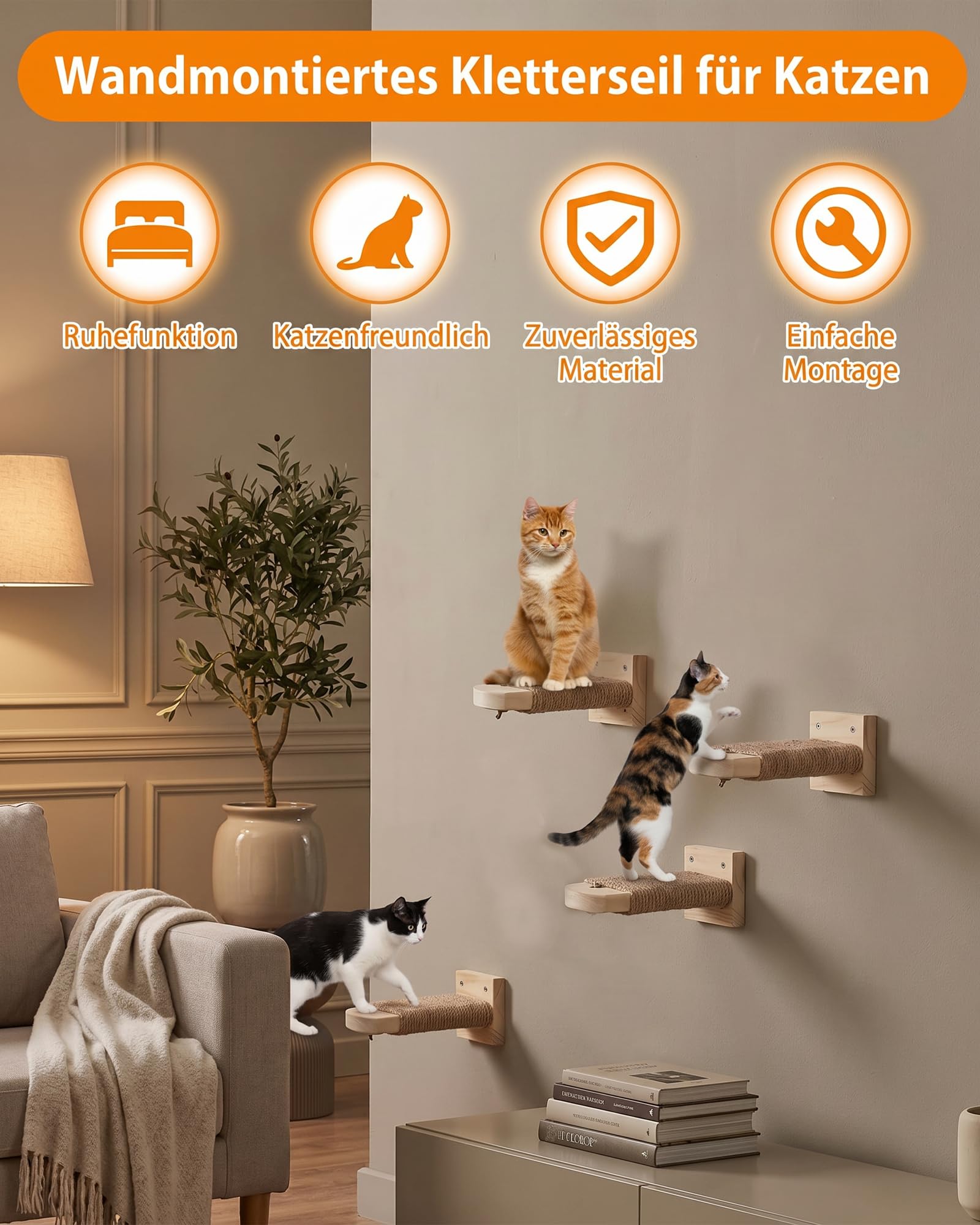 4 Stück Katzentreppe Wand: Kletterwand Katzen aus Massivholz mit Juteseil 21cm bis 35kg Wandliege zum Klettern Ruhen Kratzen für Wohnung Katzen