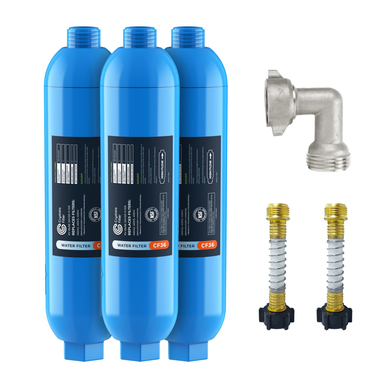 CRYSTALA RV/Camper Water Filter, Inline Water Filter Effectively Reduces Bad Taste, Odors, Chlorine and Sediment for RVs and Marines, 3 Pack Filter with 2 Flexible Hose Protector