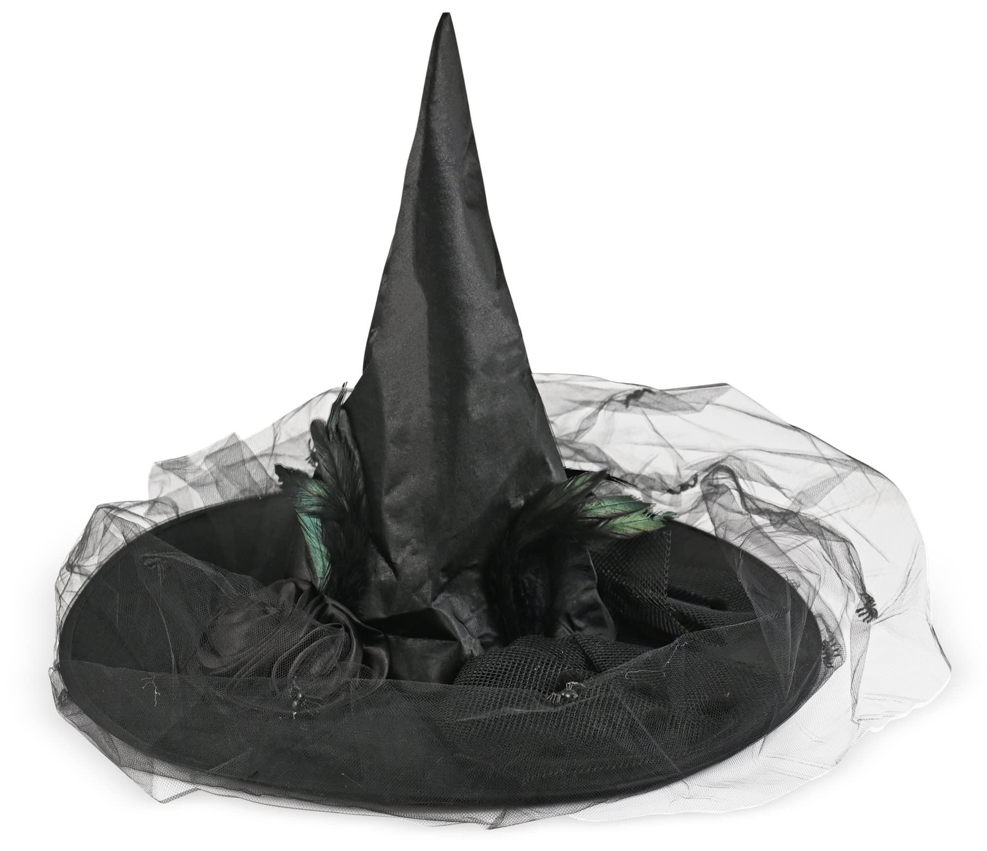 Skeleteen Deluxe Pointed Witch Hat - Glamorous Black Witches Accessories Fancy Satin Hat with Bow, Spiders and Black Feathers