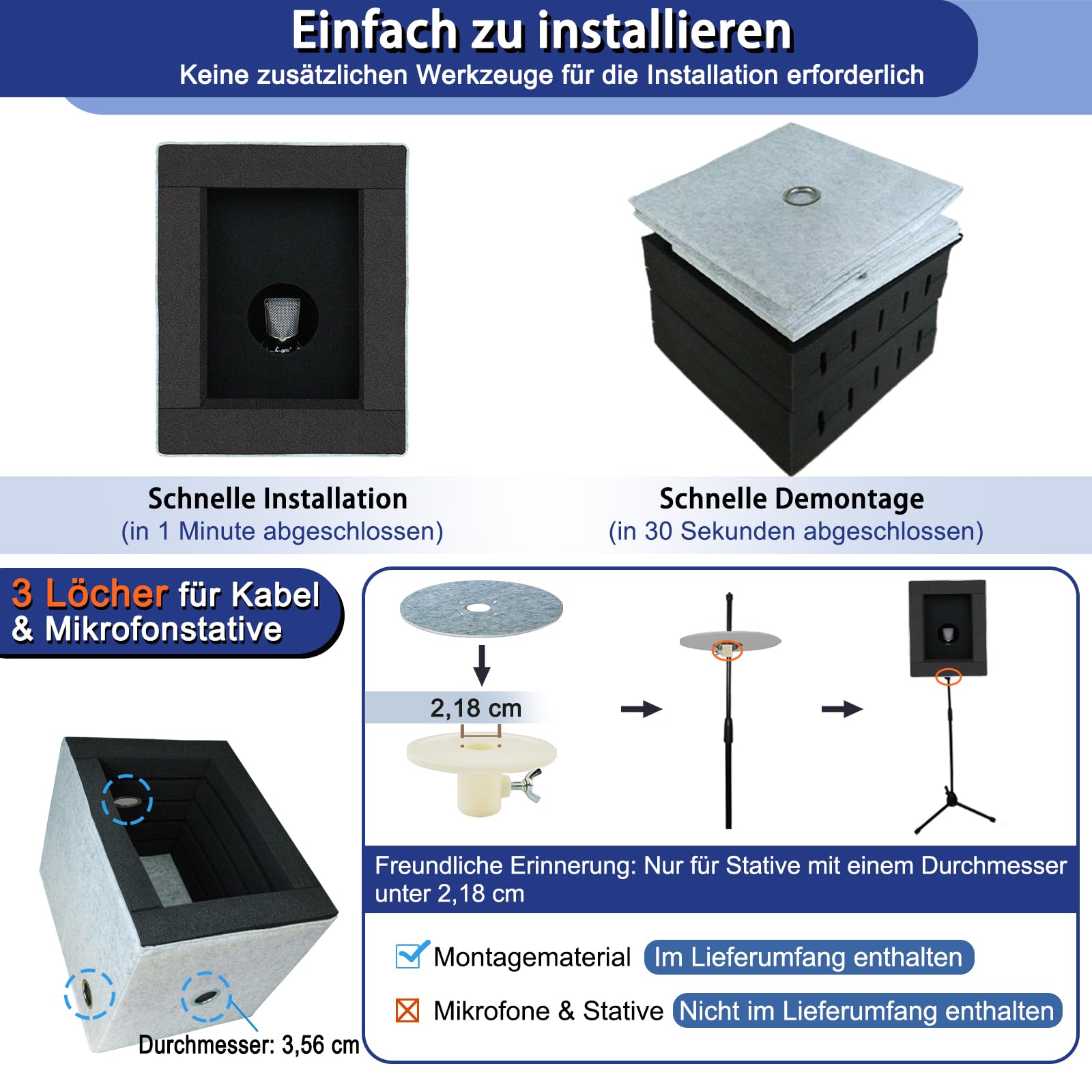 BXI Cabina vocal cerrada, caja de aislamiento de micrófono portátil, filtro reflectante plegable con espuma acústica y paneles, grabación de sonido, equipo de estudio en casa para podcast, música, voz