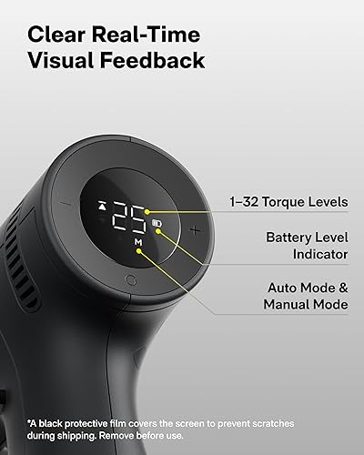 Miniatura 7 de HOTO Kit de herramientas para el hogar de 25 piezas con taladro sin escobillas de 16V, pantalla inteligente, par de 50 N·m, 32 ajustes de par, carga