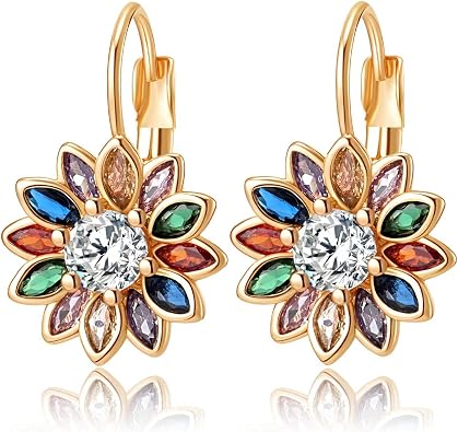 Austrian Crystal Flower Drop Leverback Earrings for Women Fashion 14K Gold Plated Hypoallergenic Jewelry