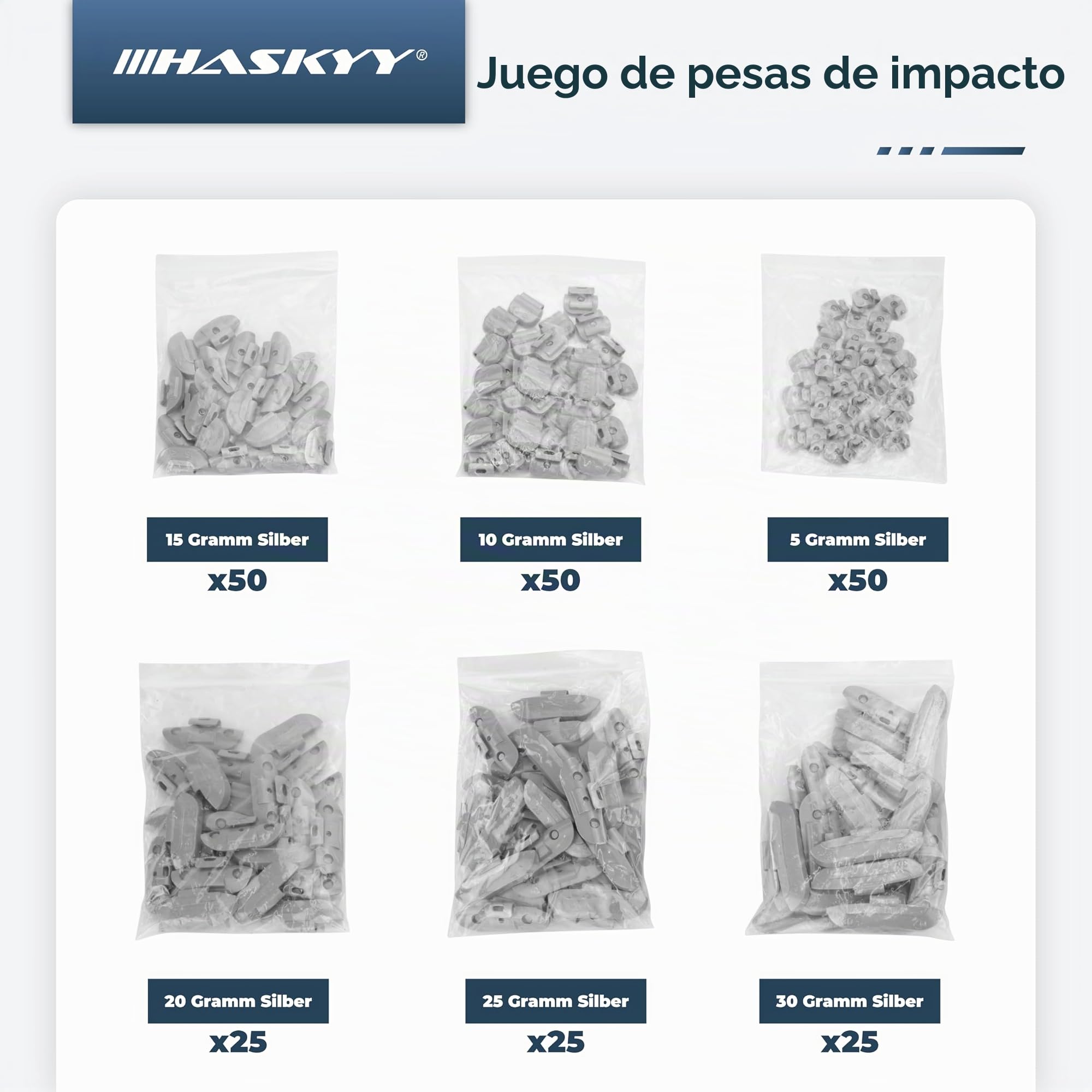 HASKYY 225 Pesos de percusión para Llantas de Acero // 50 de 5 g, 10 g, 15 g // 25 de 20 g, 25 g y 30 g Cada una