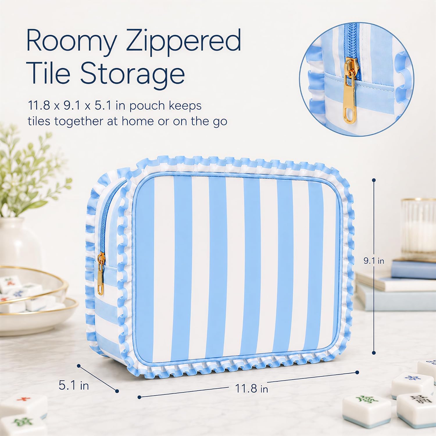 Mahjong Tile Bag, Empty Bag Only for 166 Standard 1.2-Inch American Mahjong Tiles, 11.8 x 9.1 x 5.1-Inch Blue-White Ruffle Soft Storage Bag with Zipper (Light Pink)