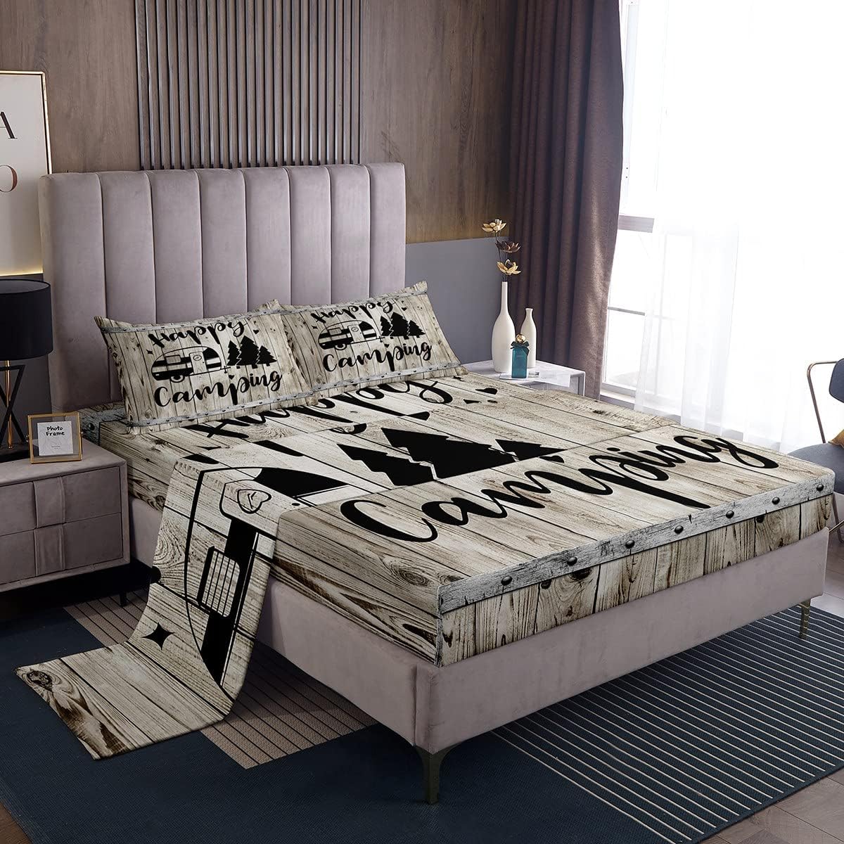 Camper Bed Sheet Set Queen Size,Happy Camping Farmhouse