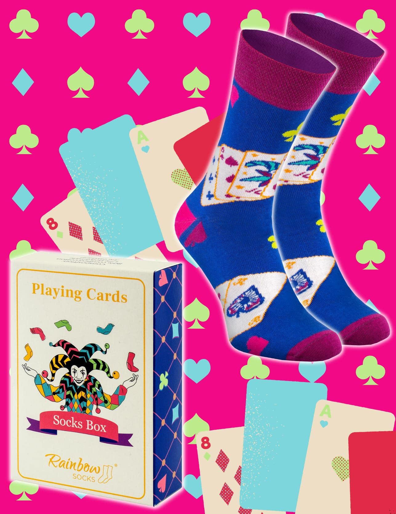 Rainbow Socks - Playing Cards Socks Box - 1 Pair, Vibrant Colours - Gift For A Fan Of Card Games - Size 12-14 - Image 2