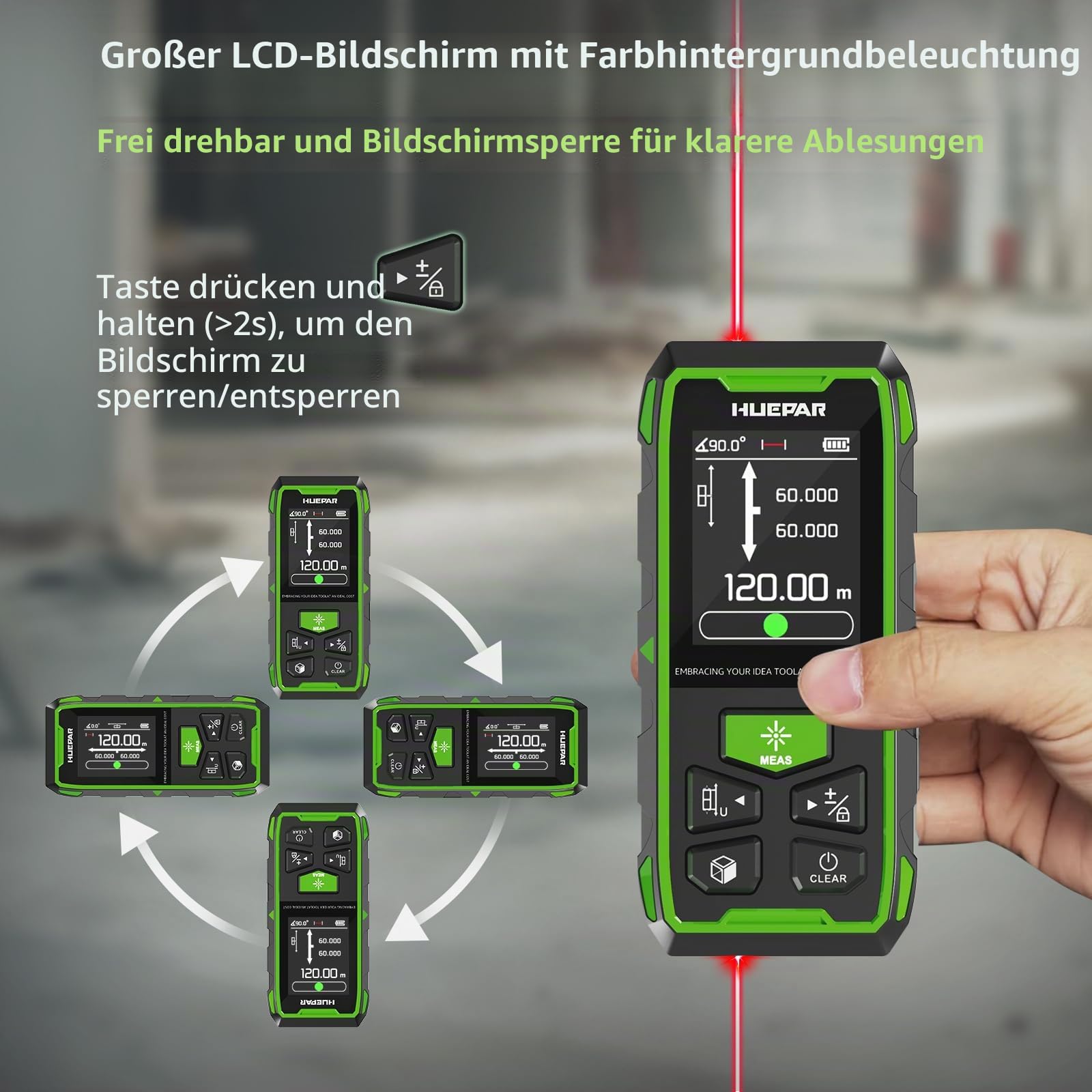 Dual Laser Entfernungsmesser, Huepar 120M Rot Laser Messgerät Entfernungsmesser mit Laser, hintergrundbeleuchtetem LCD, Messung von Entfernung, Fläche und Volumen und pythagoreischem Modus