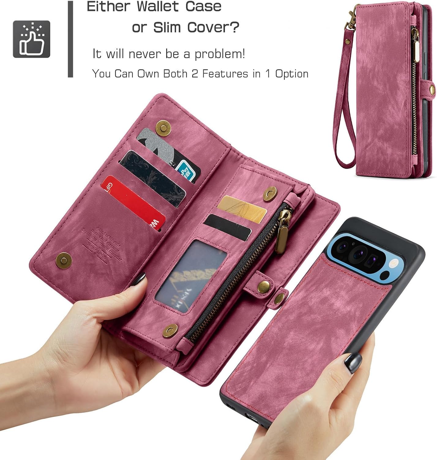 Asuwish Phone Case for Google Pixel 9 Pro XL Zipper Wallet Detachable Cover with Tempered Glass Screen Protector and Leather Flip Credit Cash Card Holder Cell Pixel9 9Pro 9ProXL Nine Women Men Red