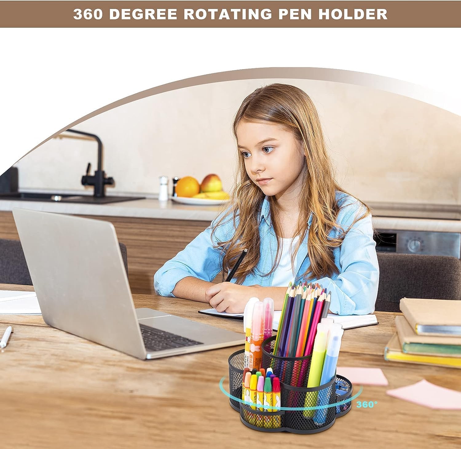 Wosta 360-Degree Rotating Desk Organizer with 7 Compartments, Black Metal Mesh Desk Caddy for Office School Art 4
