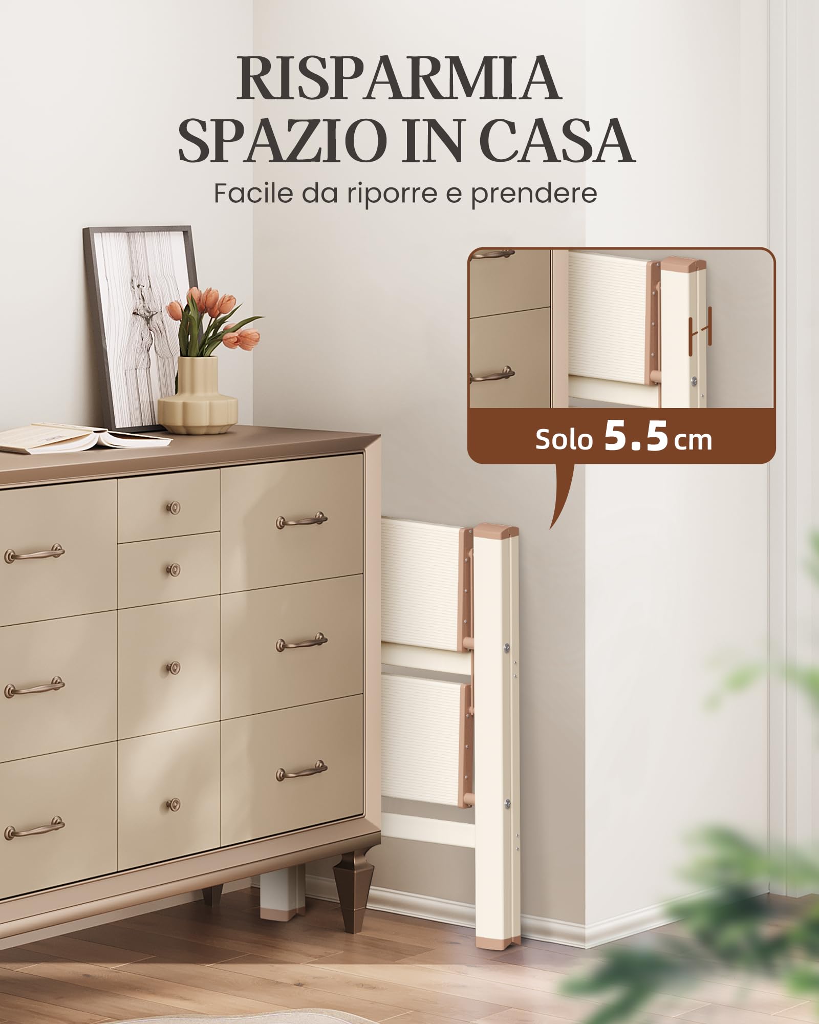 Scala a 2 Gradini, Sgabello Piegevole con Pedale Largo Antiscivolo in Alluminio Leggero ma Resistente, Portata 150 kg, Design Moderno Carino per Spazi Domestici Interni
