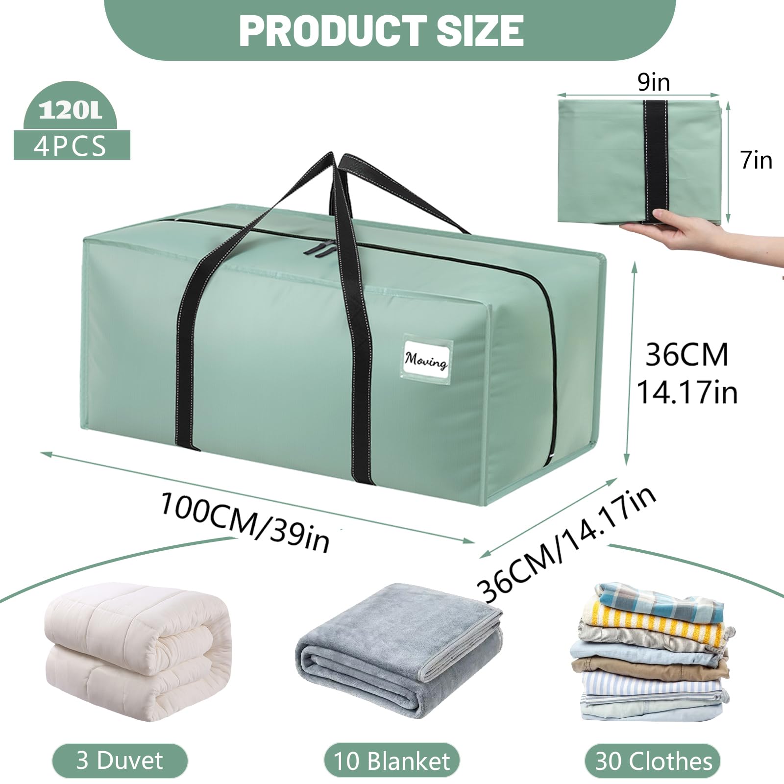Dntorx 4 Pack 120L Heavy Duty Moving Bags, Waterproof Clothes Storage Bag - Image 2