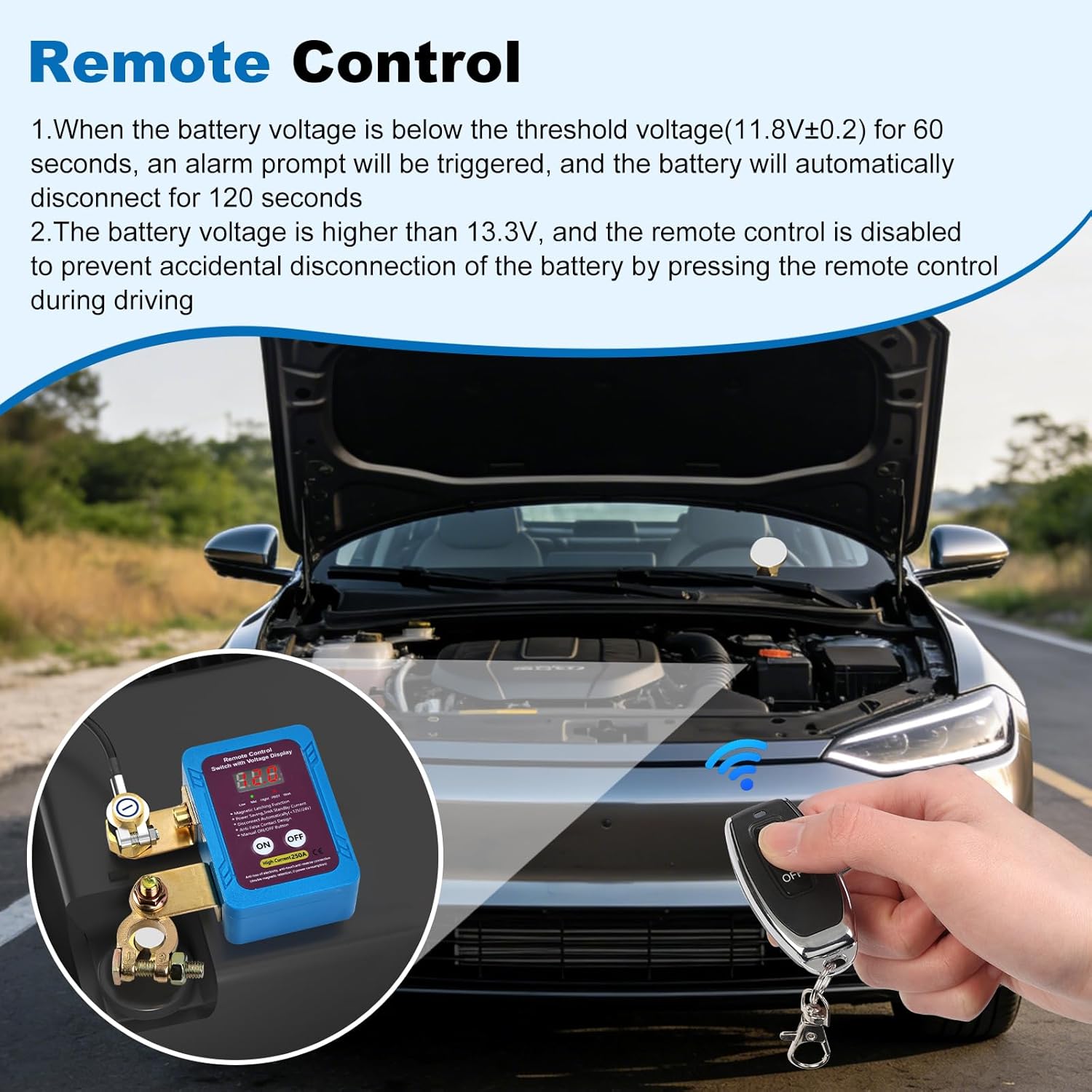 Remote Battery Disconnect Switch 12V 250A with Voltage Display and Remote Control,Battery Disconnect Switch with Anti-Theft Kill Switch for Car,Power Cut Off for Auto,Truck,RV,Marine Battery Safety