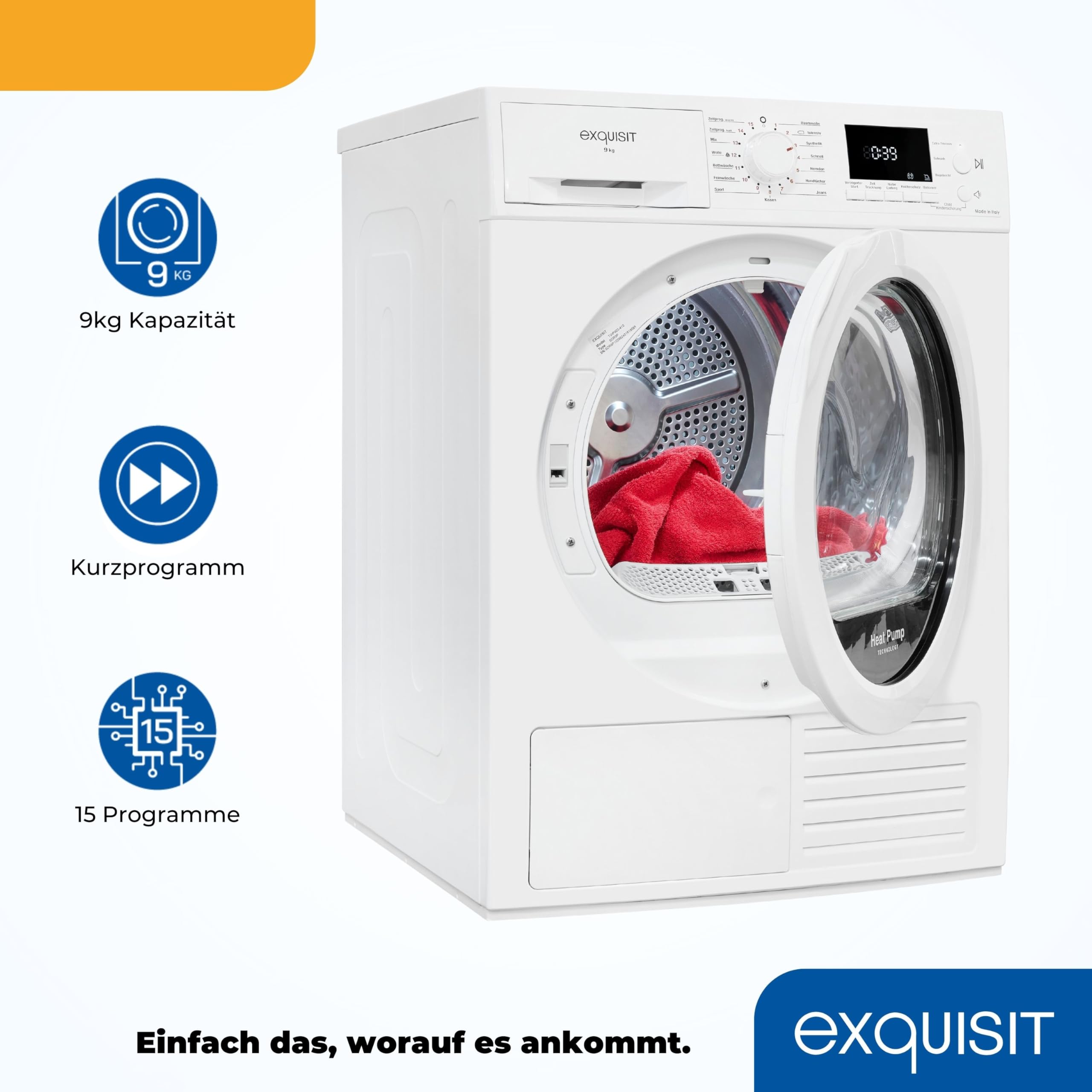 Exquisit Asciugatrice a pompa di calore TWP903-410, bianco, capacità 9 kg, classe di efficienza energetica A++, sicurezza bambini, spegnimento automatico