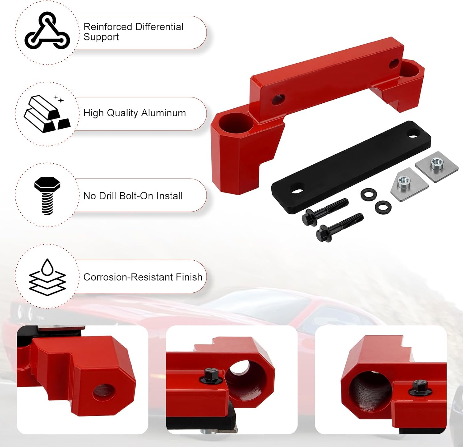 Billet Rear Differential Brace, Aluminum Alloy , Quick Installation, Compatible with 2015-2023 Chrysler 300, Dodge Charger/Challenger SRT Hellcat Scat Redeye, Red