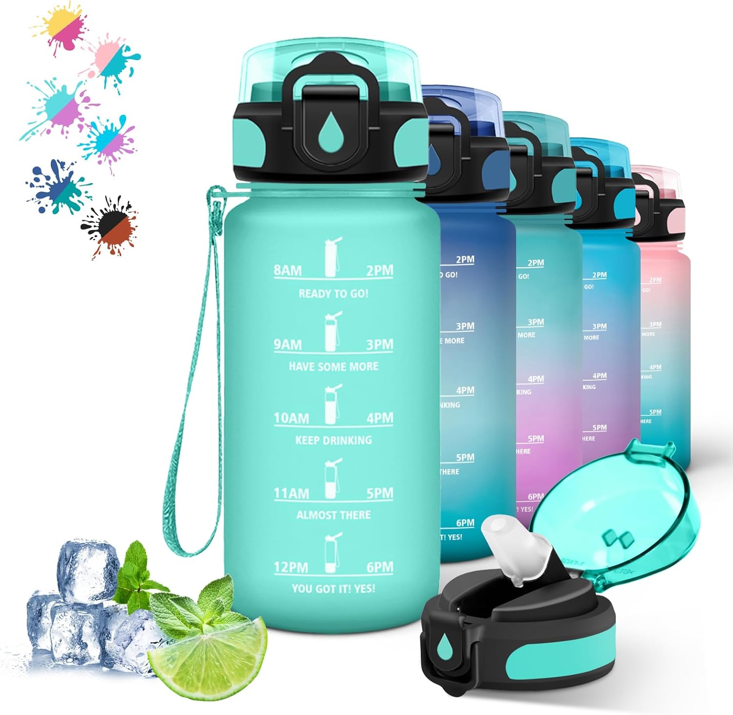 Children's Water Bottle, 500 ml, Drinking Bottle, Drinking Bottle with Straw, Easy to Clean, Water Bottle Time, Leak-Proof, Water Bottle with Time Marking for School, Camping, Running, Green