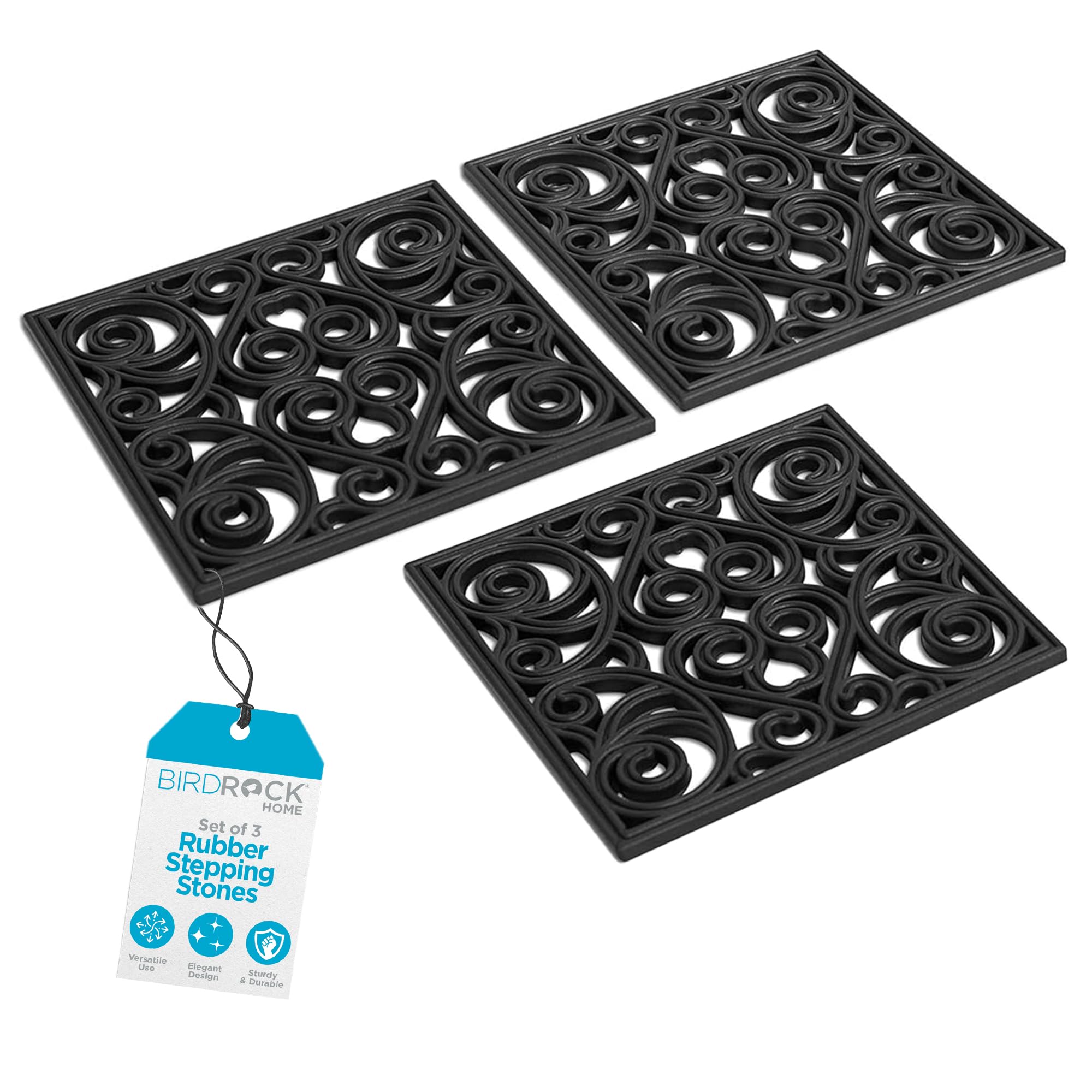 BIRDROCK HOME Rubber Stepping Stones - Decorative Pavers for Garden Path, Patio, Lawn, Yard, and Backyard Landscaping - Easy Install Outdoor Walkway Pathway, Ground Tiles - Black - Set of 3, 12 x 12