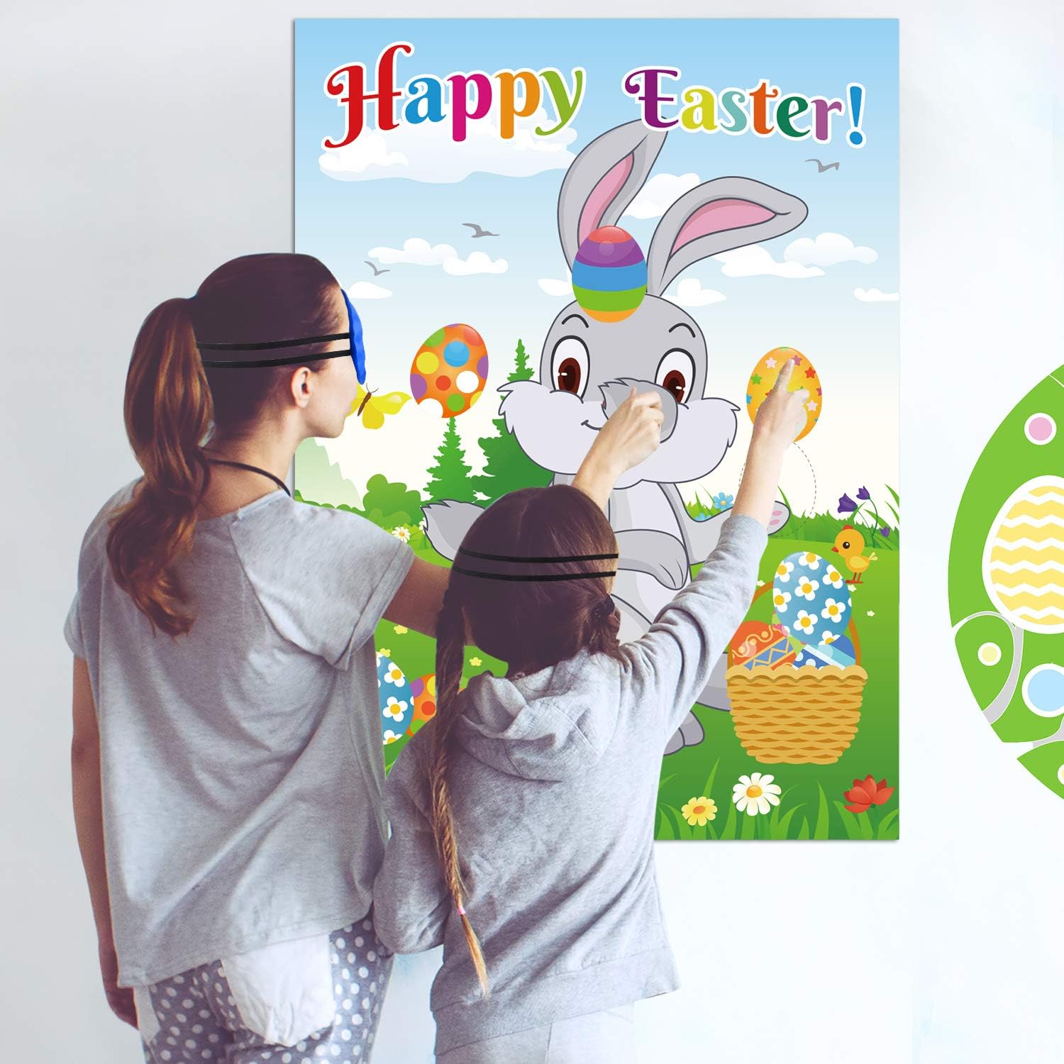 FEPITO Easter Game for Kids, Pin The Tail on The Bunny, Pin The Egg on The Bunny with 24 Tails, 24 Easter Eggs Stickers for Easter Party Decorations, Easter Egg Hunt Activities