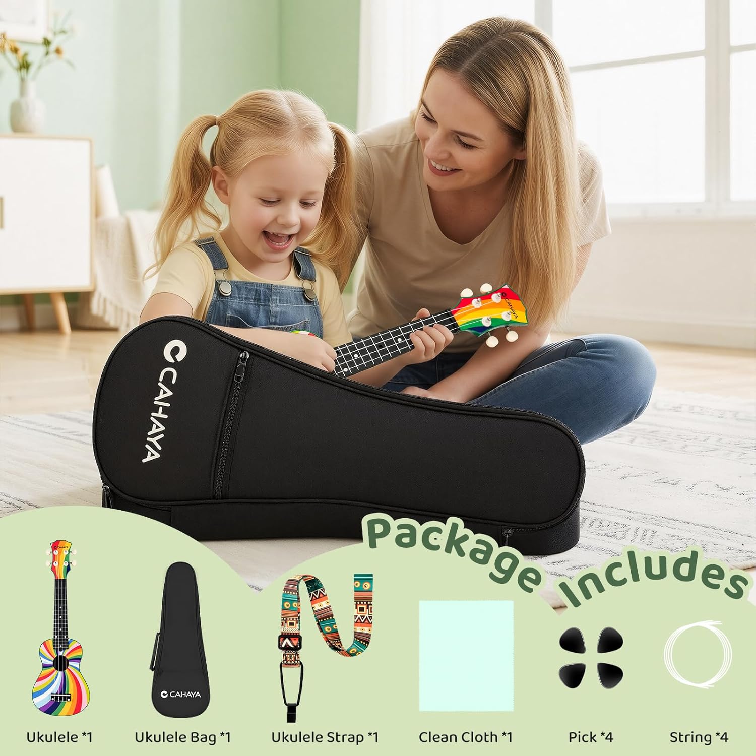CAHAYA Soprano Ukulele Beginner Kit: 21" Starter Ukulele Set with Gig Bag Strap Nylon String 4 Picks Cloth Musical Birthday Holiday Gift for Kids Adults Student Girls Rainbow Design