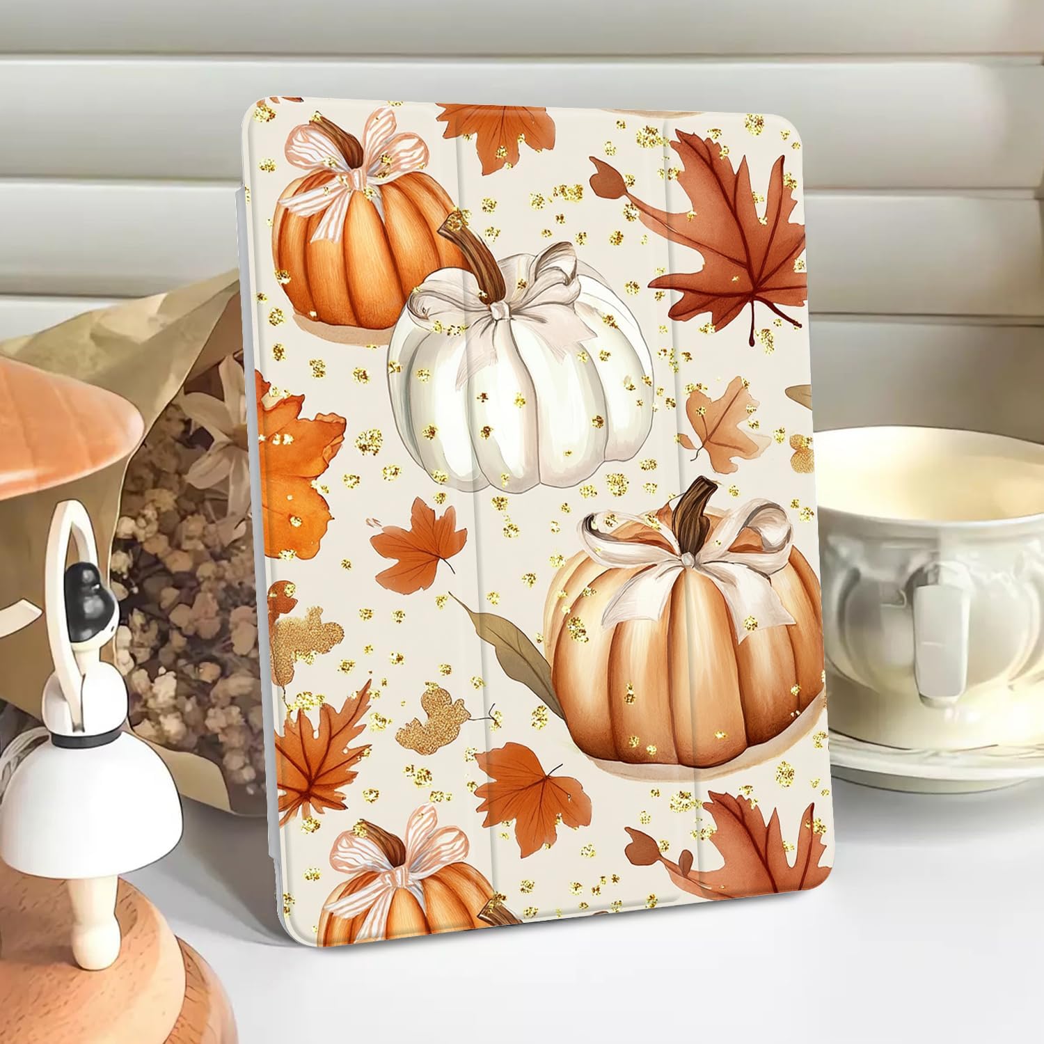Pumpkin Thanksgiving Case for 10.9 Inch Ipad 10Th Cover Aesthetic Fall Leaves Shell with Clear Transparent Back Auto Sleep/Wake Shockproof with Pencil Holder(Retro Girl)