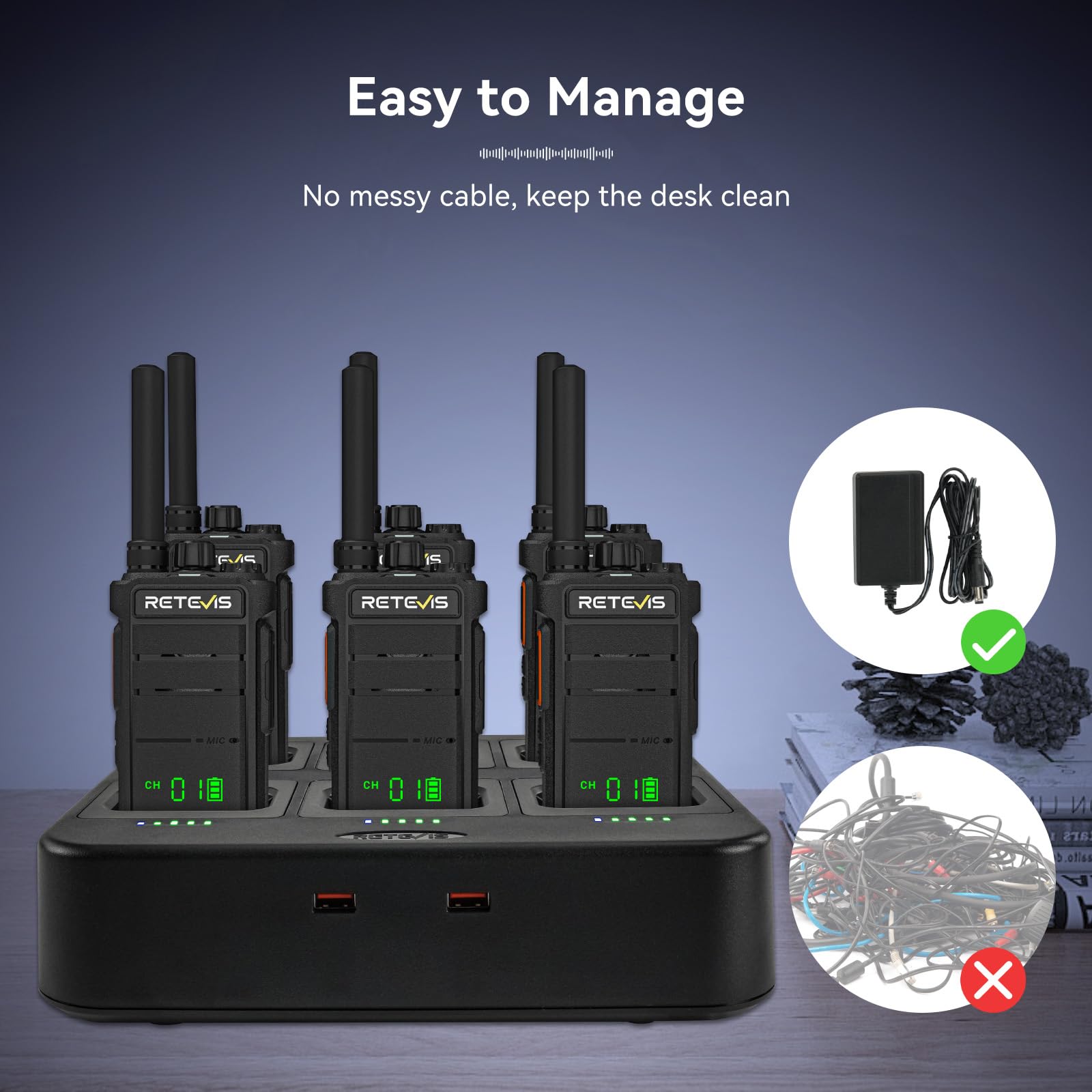 Retevis RB626H Walkie Talkie Lungo Raggio, Ricetrasmittenti Professionali Caricatore a 6 Vie 2000mAh, con Schermo, VOX, llarme di Emergenza Walkie Talkie Portatile per Sicurezza,Scuola(Nero,6 Pezzi)