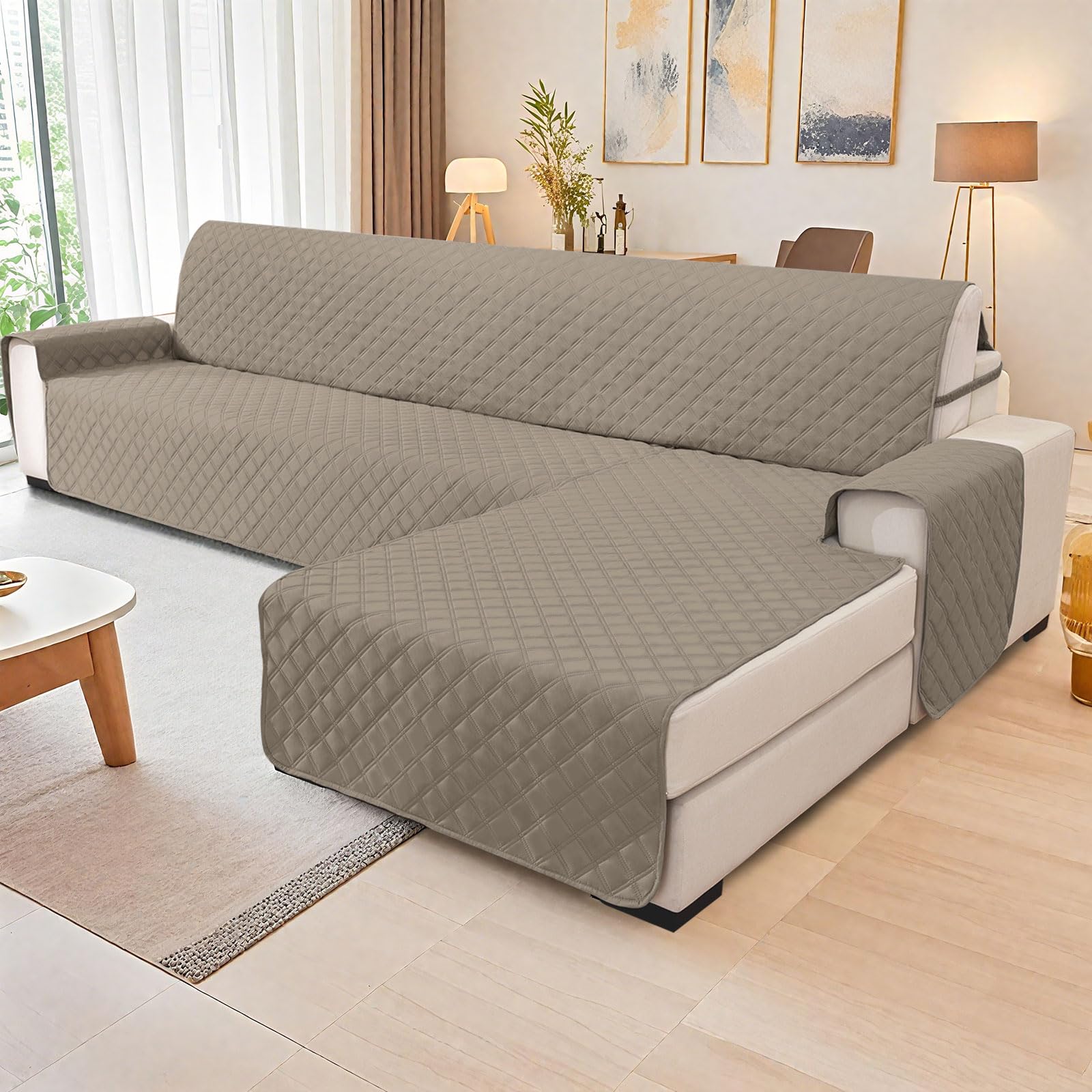 YSTELLAA 100% Impermeabile Copridivano 2 Posti Con Penisola(L 210 CM), Copridivano Angolare Destra/Sinistra Universale Reversibile, Fodere Divano Forma L Antigraffio, Cachi