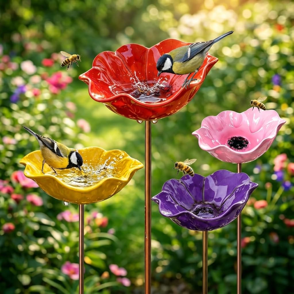 Colourful Handmade Metal Flower Bird Bath for Garden, Butterfly & Bee Water Feeder, Decorative Outdoor Garden Stake Ornament, Yard Lawn Patio Birdbath and Feeder