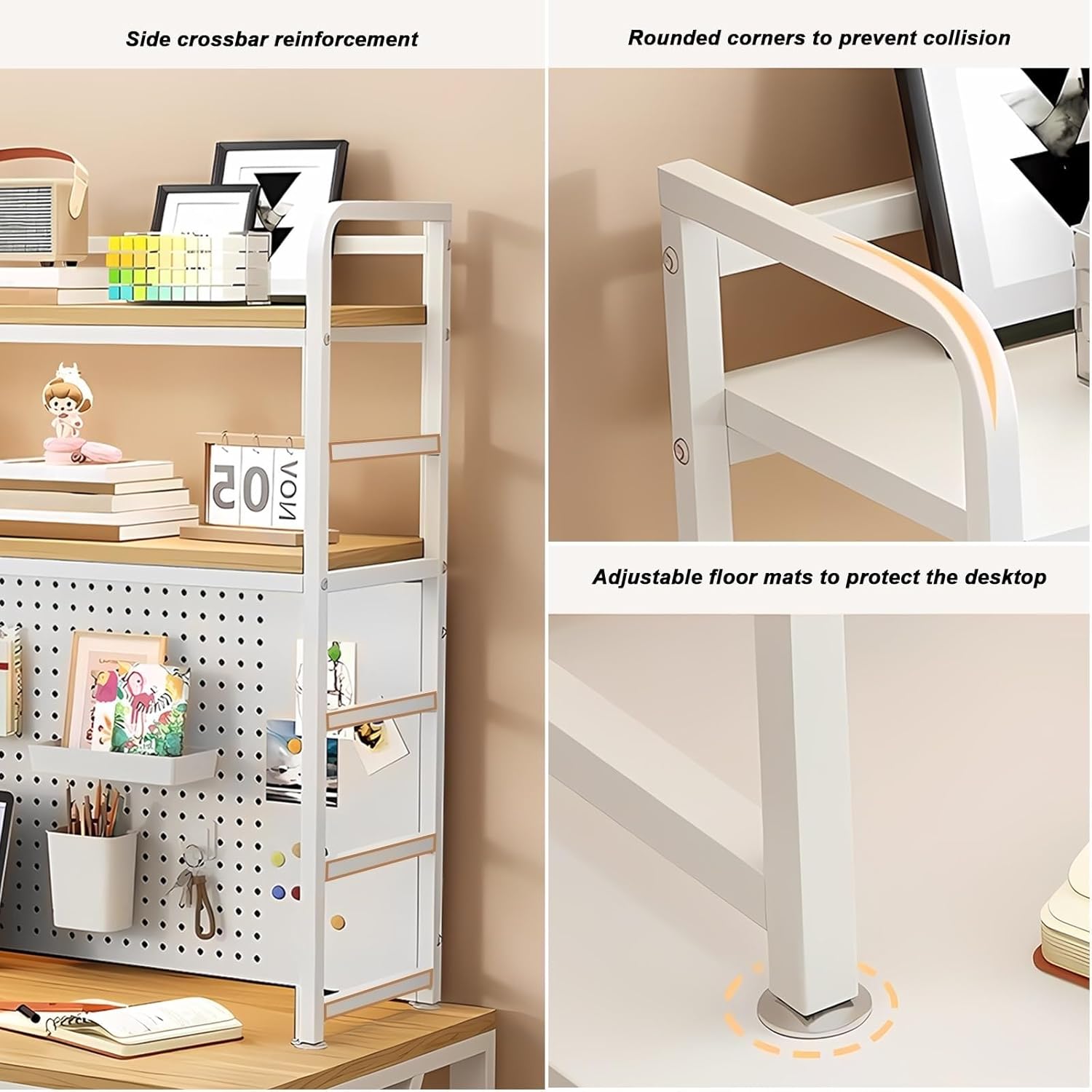 2段多目的カウンタートップハッチ本棚、コンピューターデスク用デスクトップ本棚 ペグボード付きオフィスデスク 2段カウンタートップデスクトップ本棚、ペグボード付き、金属/MDFデスクトップ本棚、コンピューターデスク用、デスク収納オーガナイザー