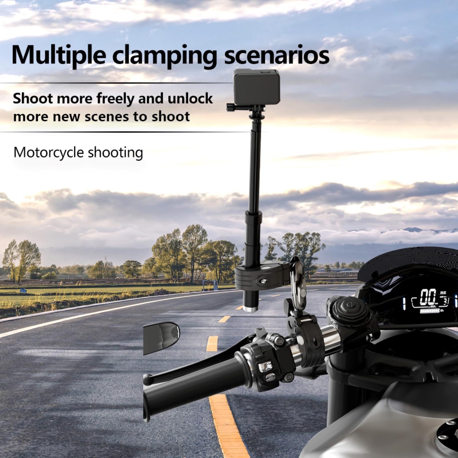 Morsetto per bastone da selfie per moto Insta360 X5 X4/GoPro/Pocket3/DJI Osmo Action/Osmo 360/Nano, manubrio della bicicletta della bici/asta di estensione/coda/guida del sedile/tubo/kit di
