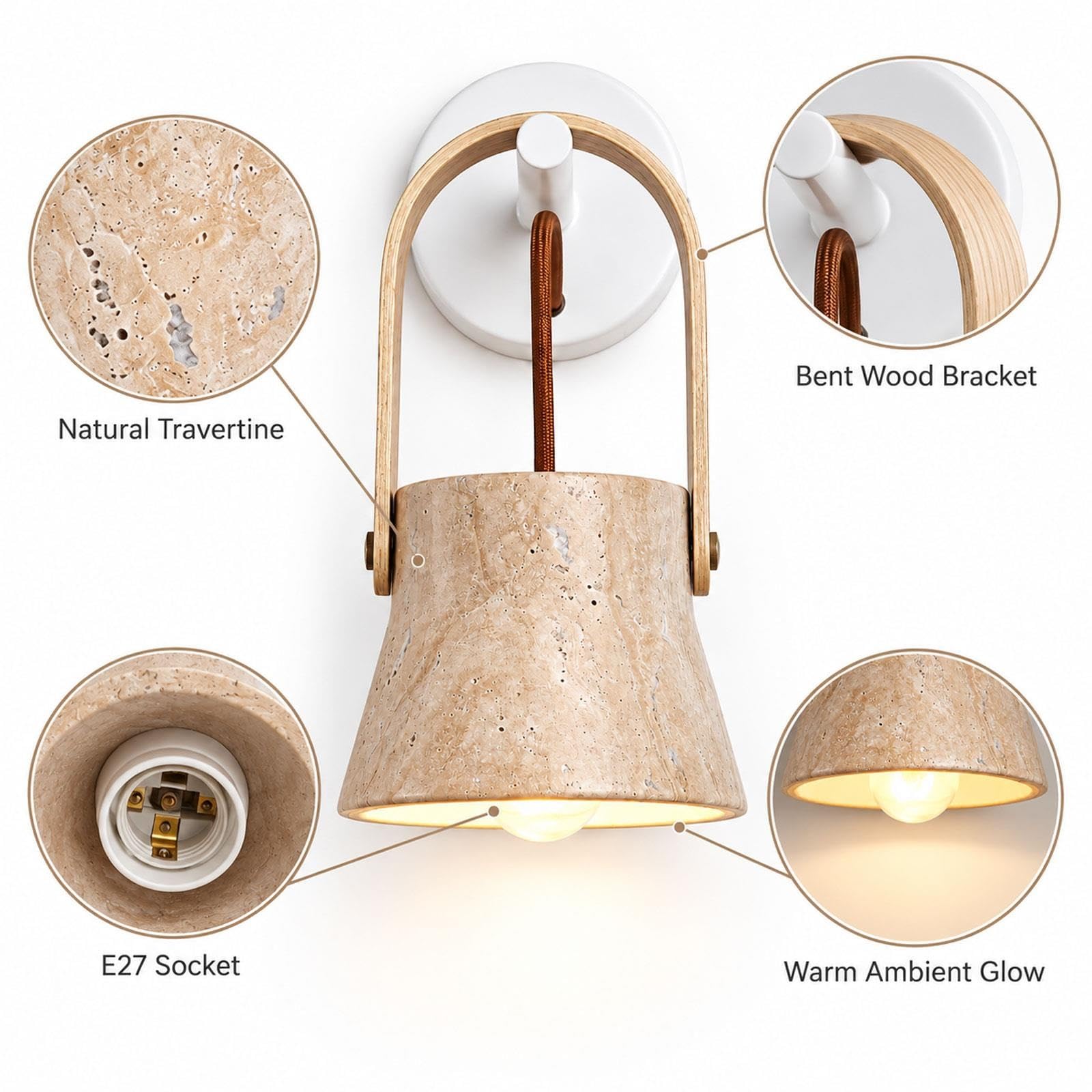 Kinkiet z trawertynu z drewnianym uchwytem, lampa z kamienia