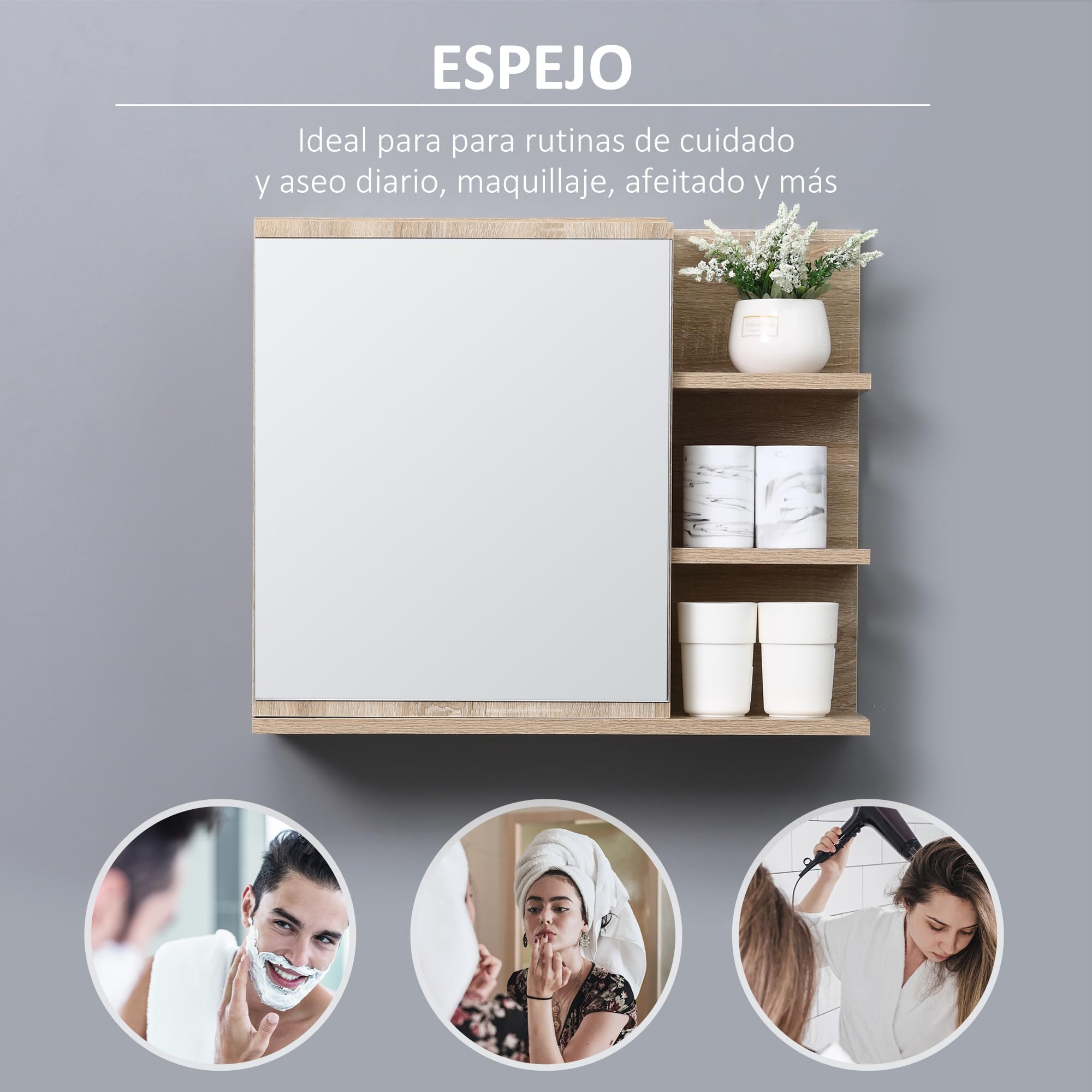 kleankin Armario de Baño con Espejo 3 Estantes Moderno 60x18x50 cm Natural | Armario con Espejo para Baño, Estantes Abiertos, 1 Estante Interior