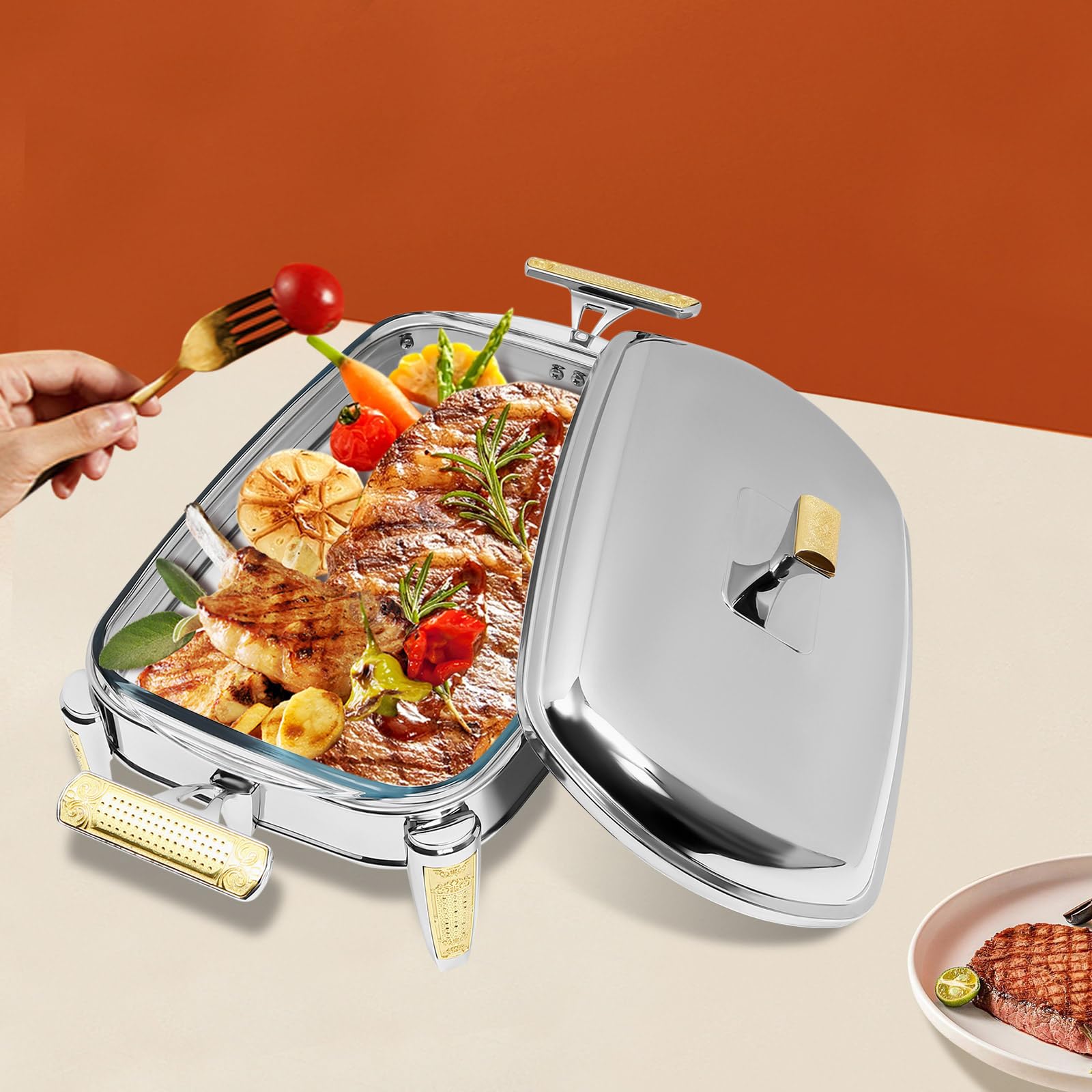 Serbatoio per alimenti in vetro da 2,2 l, con padelle, rettangolare, per pasti, chafing dish gastro con coperchio, per catering, buffet e feste, accessori per buffet, argento